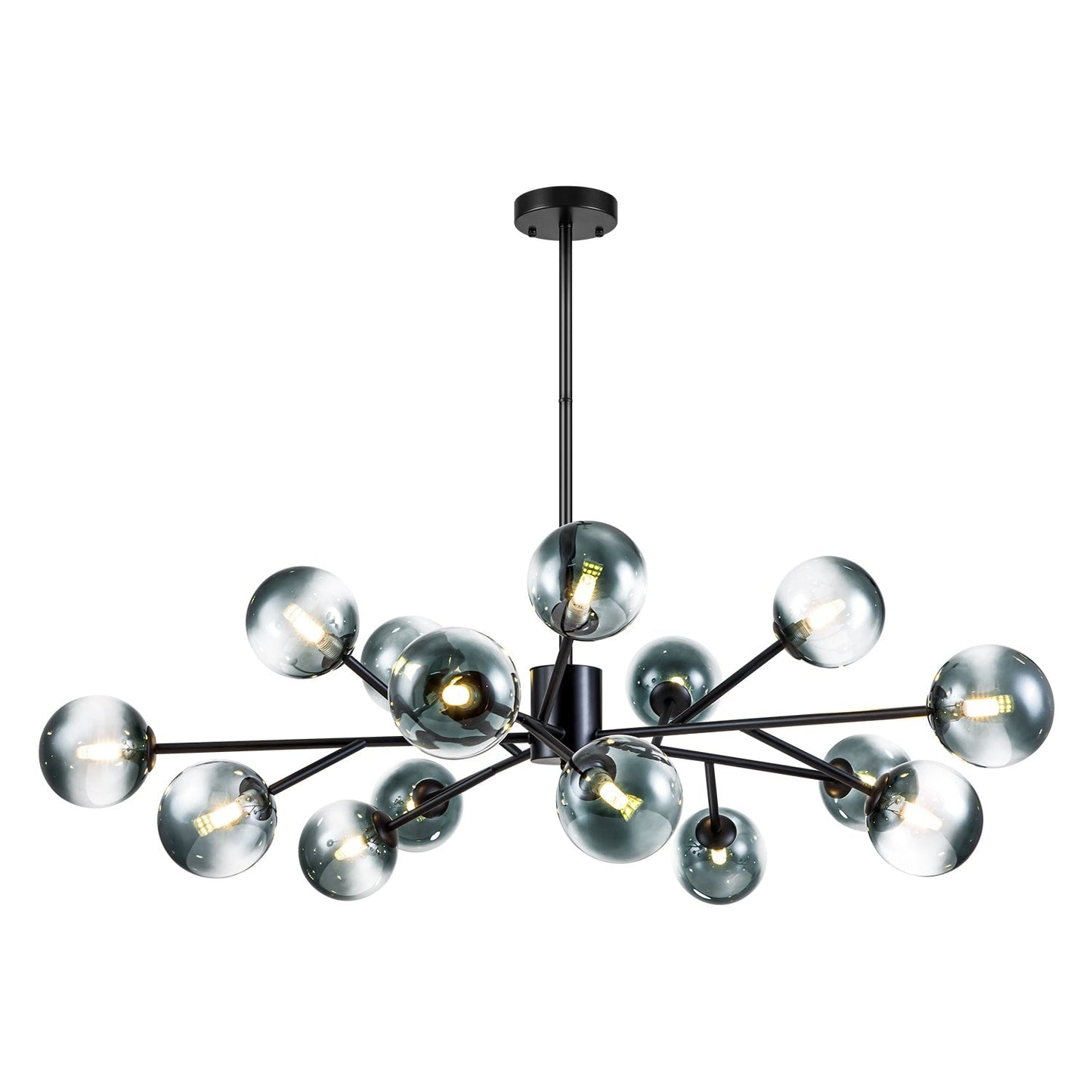 Lustre linéaire moderne à 15 lumières pour îlot de cuisine Sputnik avec branches et globes en verre