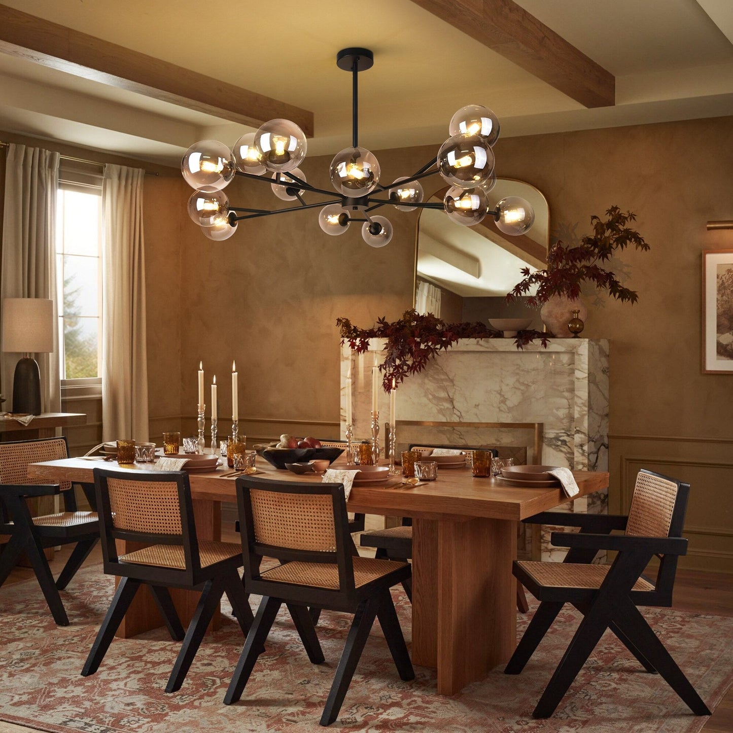 Lustre linéaire moderne à 15 lumières pour îlot de cuisine Sputnik avec branches et globes en verre