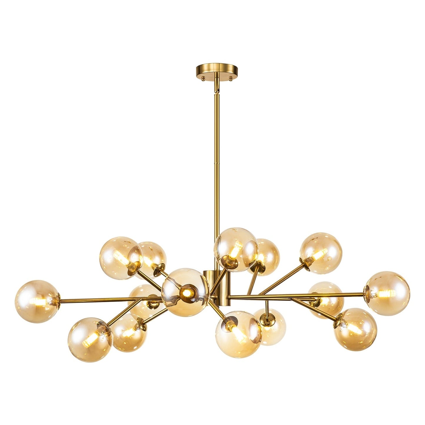 Lustre linéaire moderne à 15 lumières pour îlot de cuisine Sputnik avec branches et globes en verre