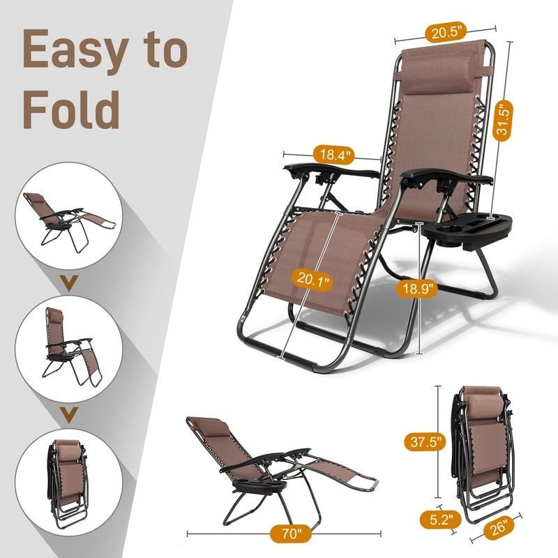 2-Piece Zero Gravity Lounge Chair Portable Folding Chairs with Cup Holder