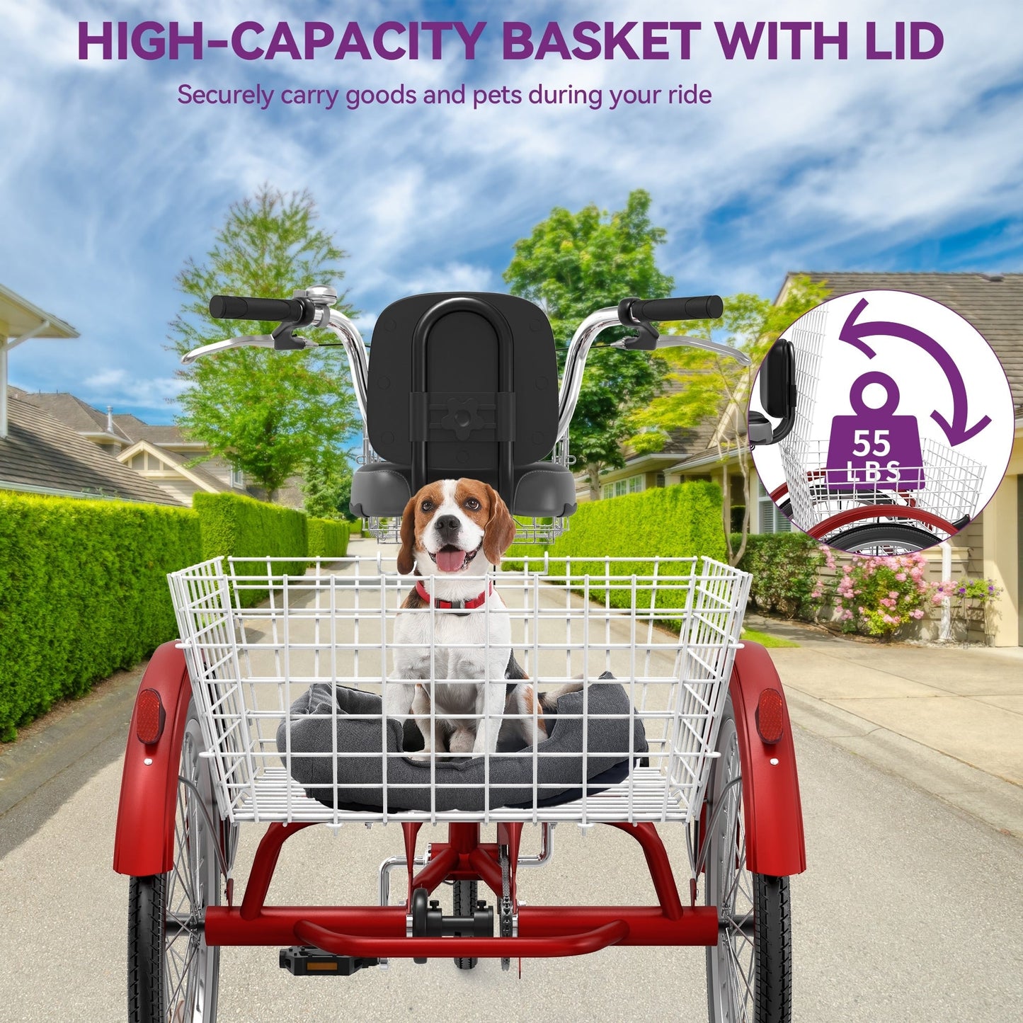 Tricycle bleu pour adulte, 26 vélos à 3 roues avec paniers amovibles