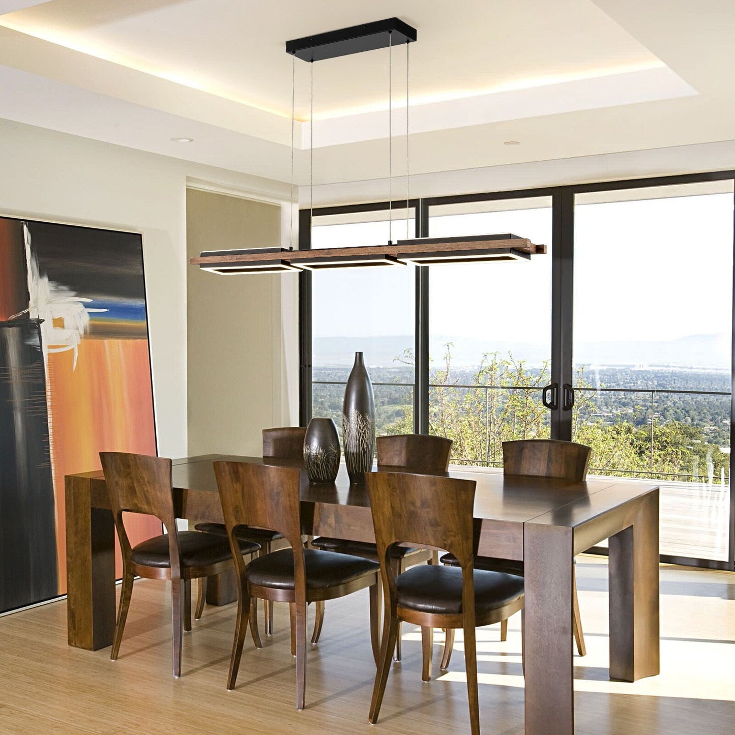 Lustre linéaire en bois à 3/5 lumières LED intégrées pour îlot de cuisine