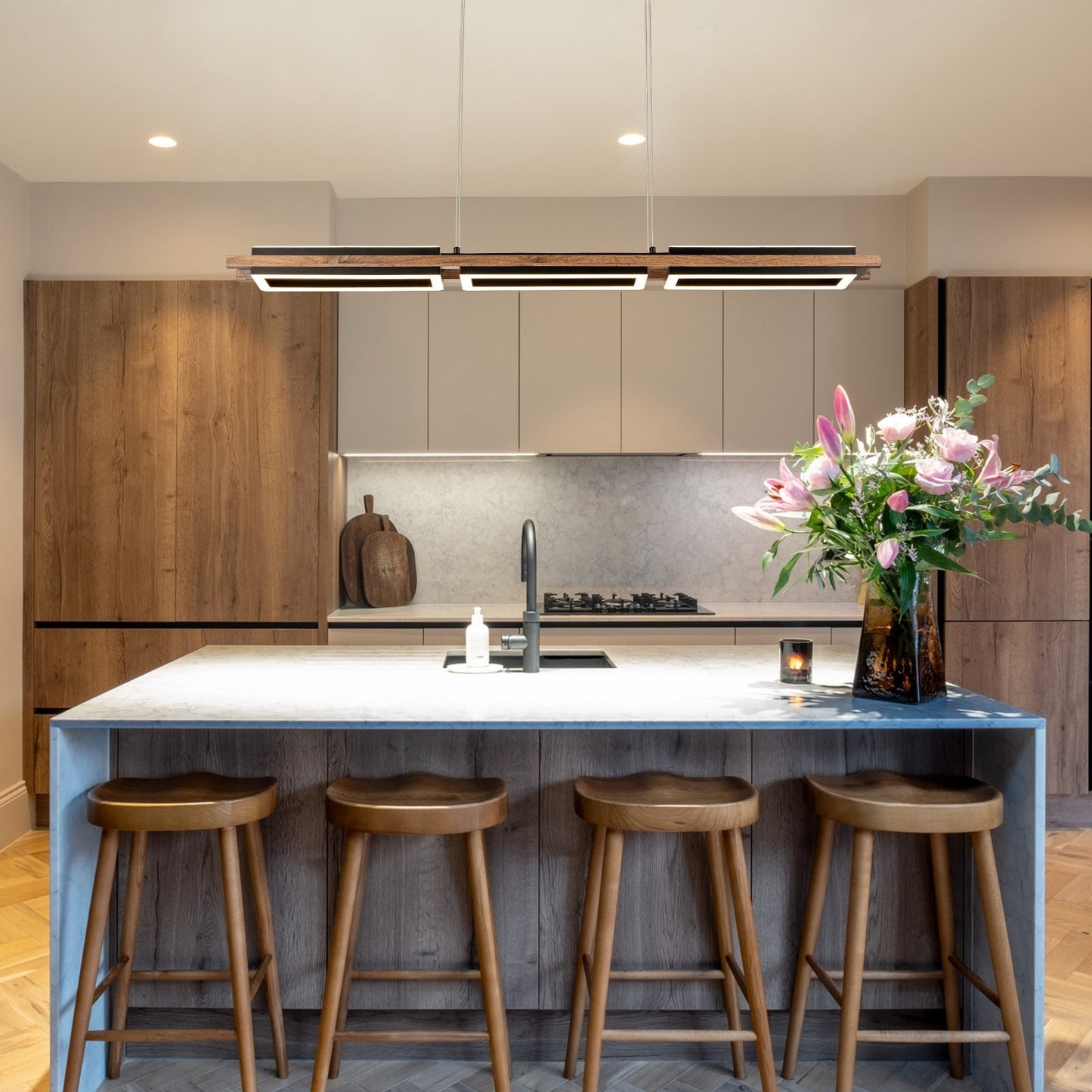 Lustre linéaire en bois à 3/5 lumières LED intégrées pour îlot de cuisine
