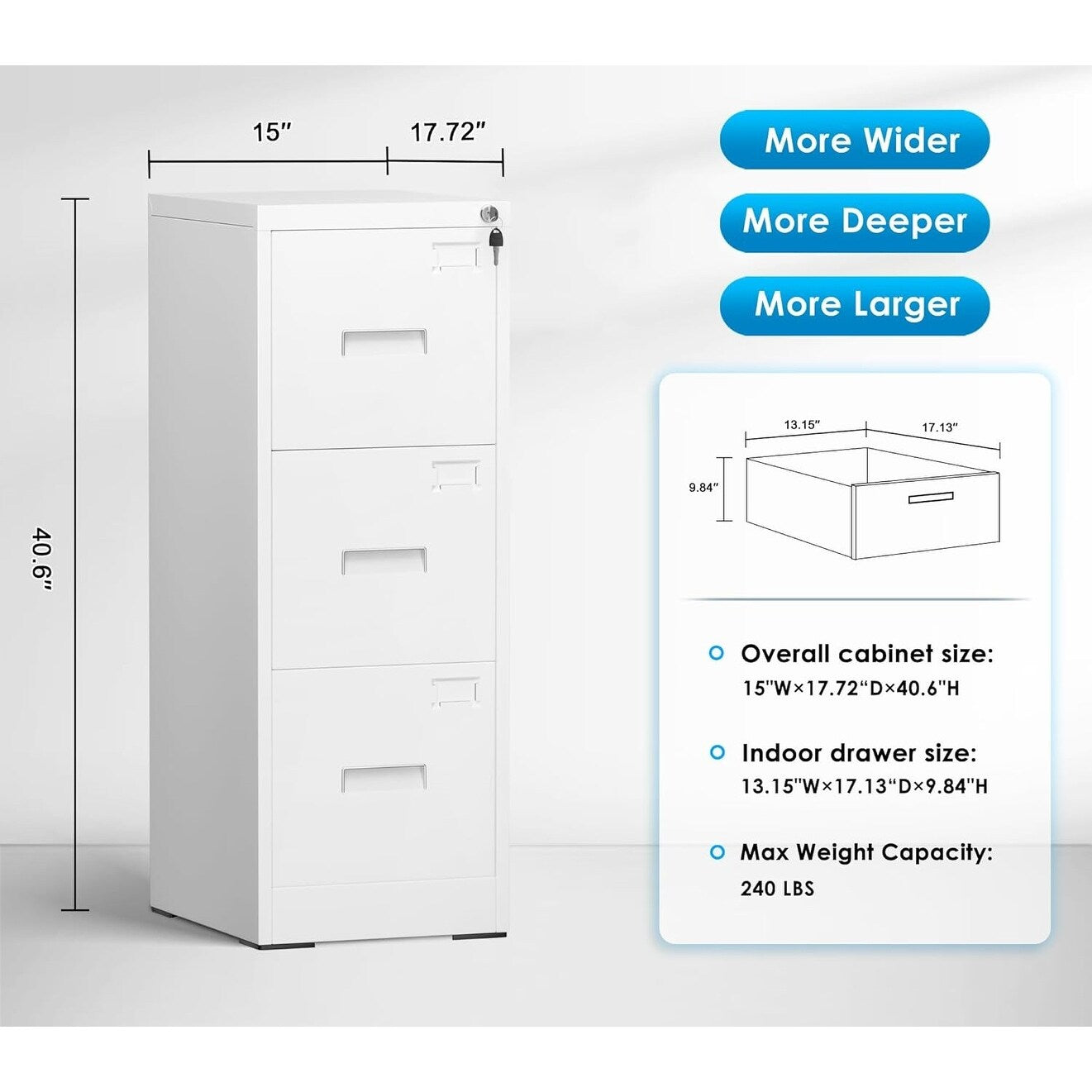 3 Drawer Metal Locking File Cabinet for Home Office, Rolling Cabinet Fully Assembled