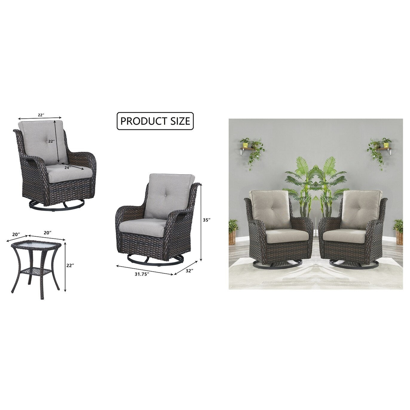 Fauteuil à bascule pivotant d'extérieur Gymojoy 3 pièces en osier avec coussin et table