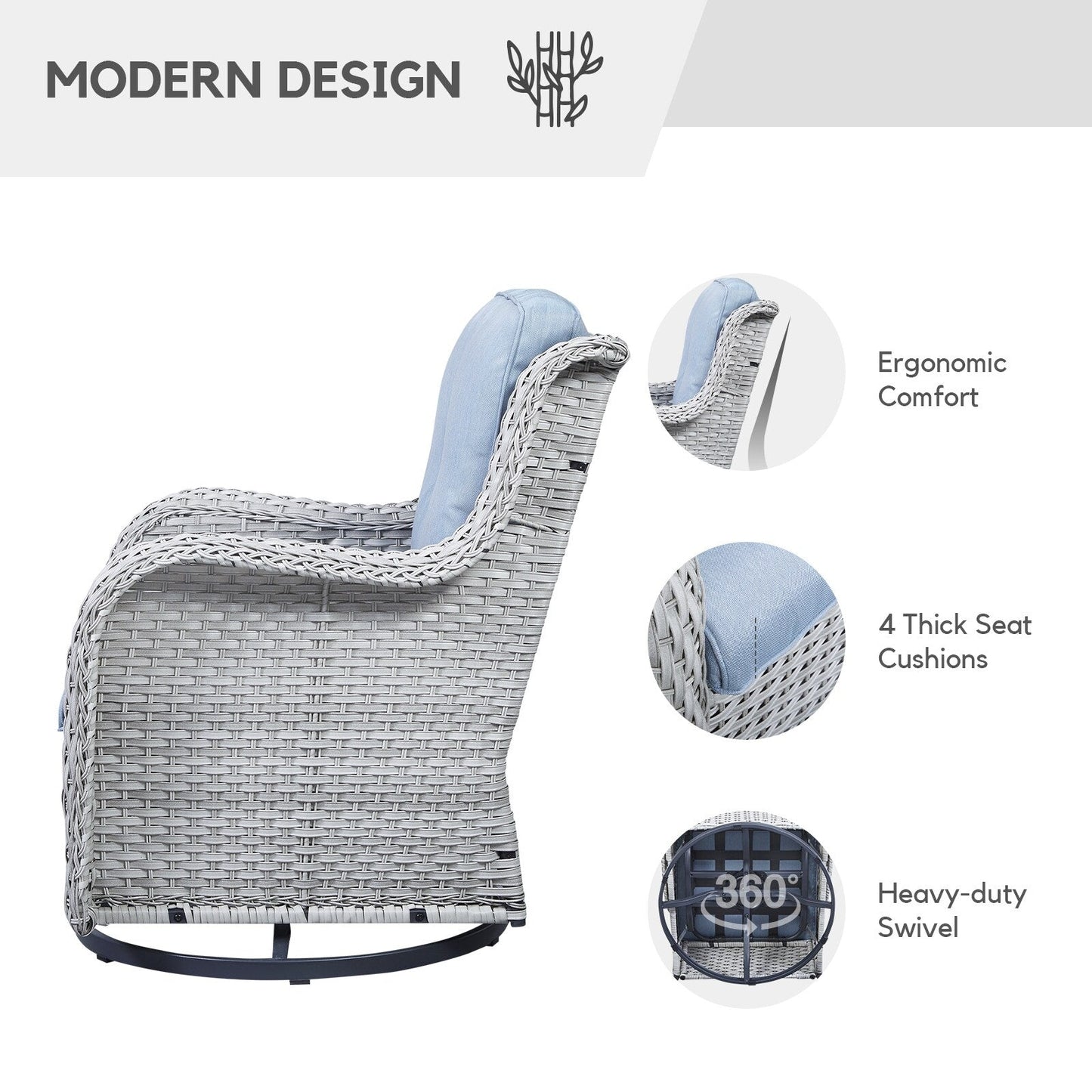 Fauteuil à bascule pivotant d'extérieur Gymojoy 3 pièces en osier avec coussin et table