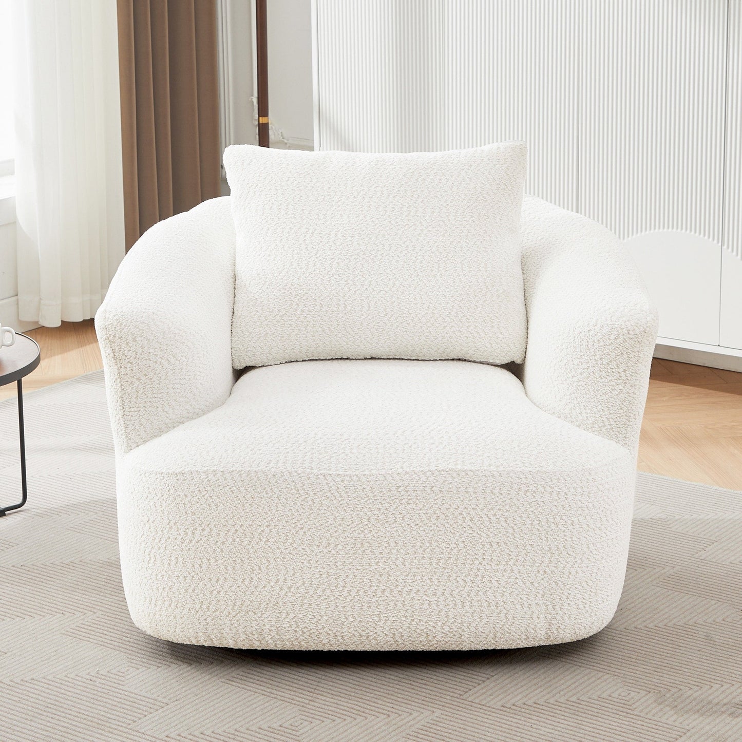 Fauteuil pivotant à 360°, fauteuil d'appoint en boucle de 38,2" avec coussin décoratif, fauteuil rembourré en forme de tonneau avec accoudoirs incurvés