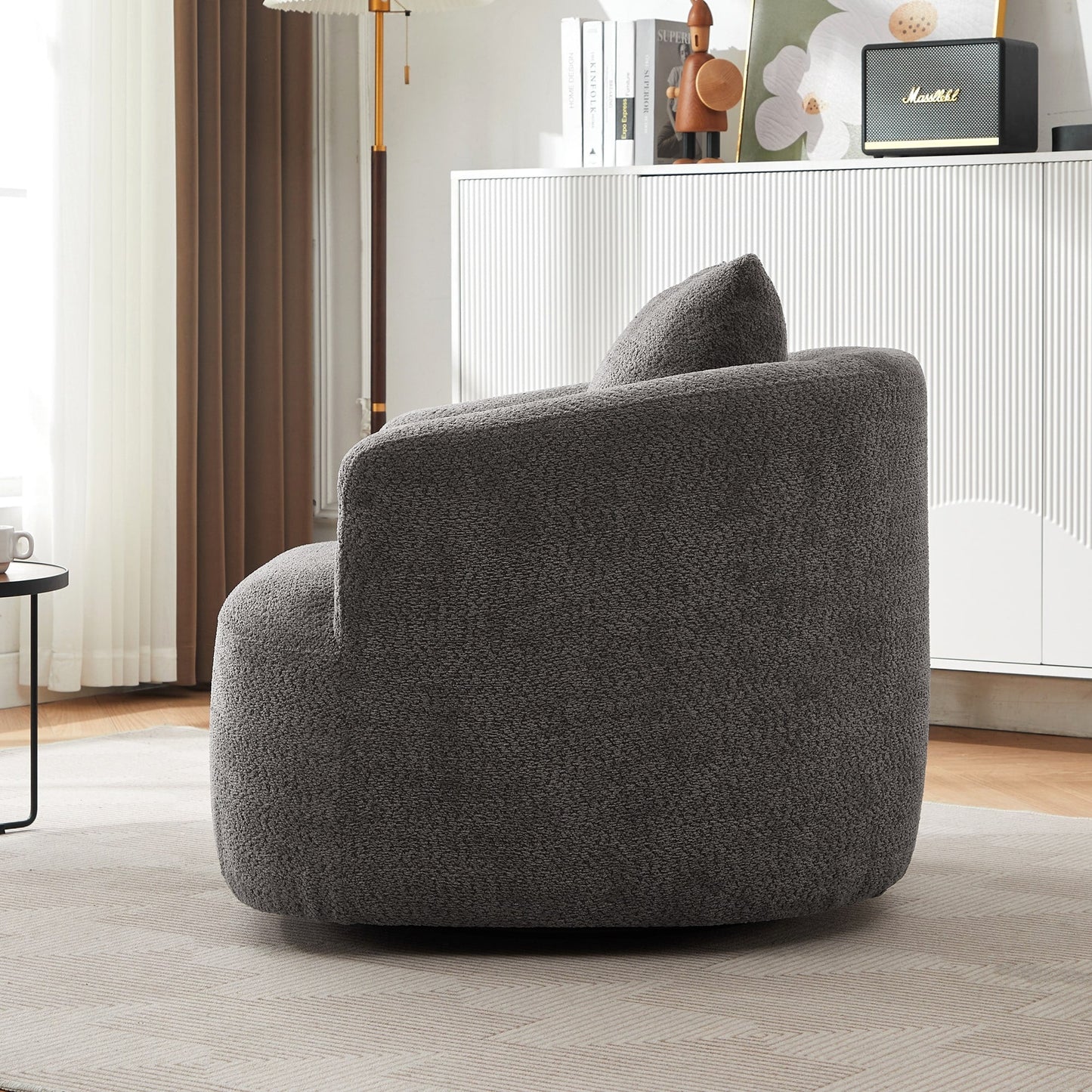 Fauteuil pivotant à 360°, fauteuil d'appoint en boucle de 38,2" avec coussin décoratif, fauteuil rembourré en forme de tonneau avec accoudoirs incurvés