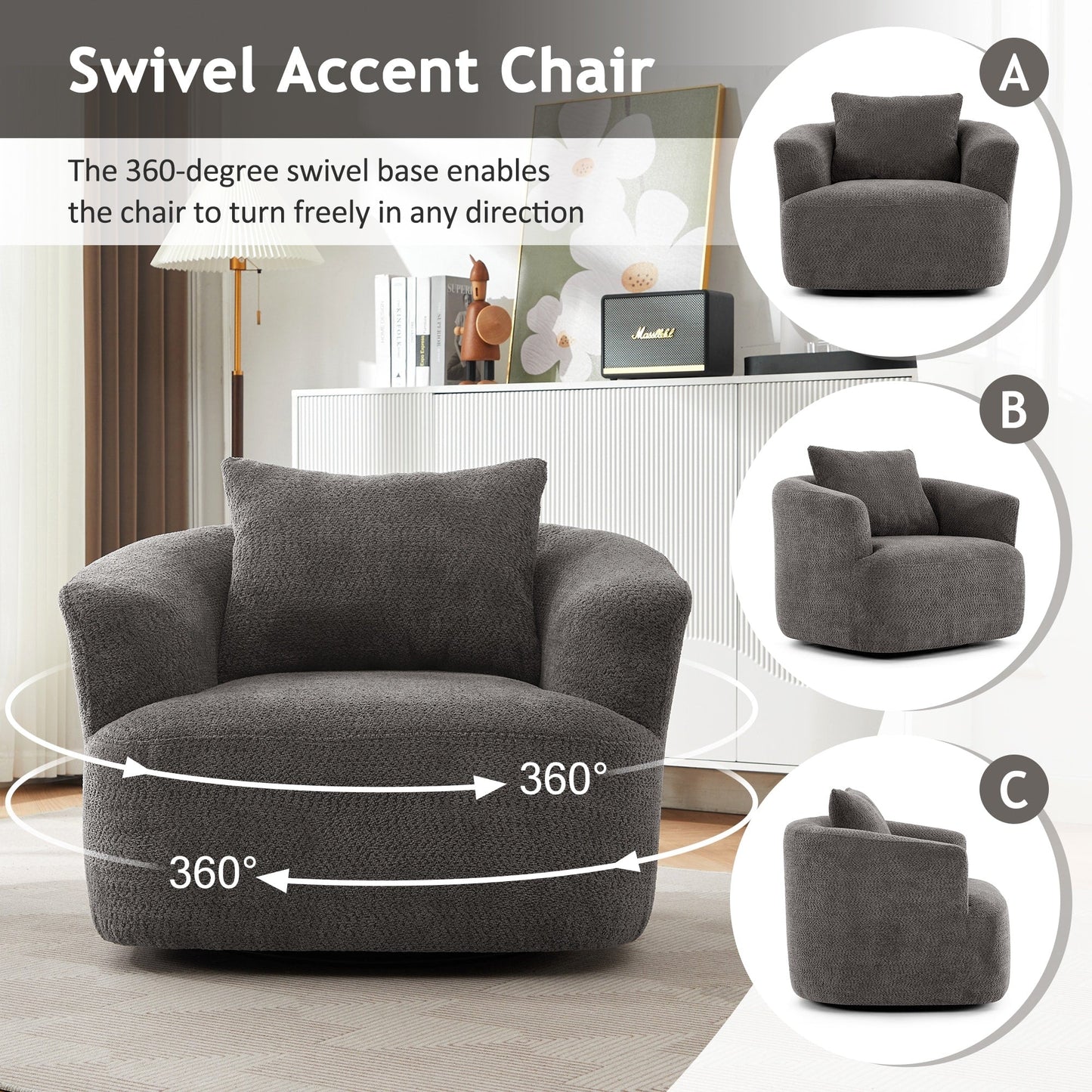 Fauteuil pivotant à 360°, fauteuil d'appoint en boucle de 38,2" avec coussin décoratif, fauteuil rembourré en forme de tonneau avec accoudoirs incurvés