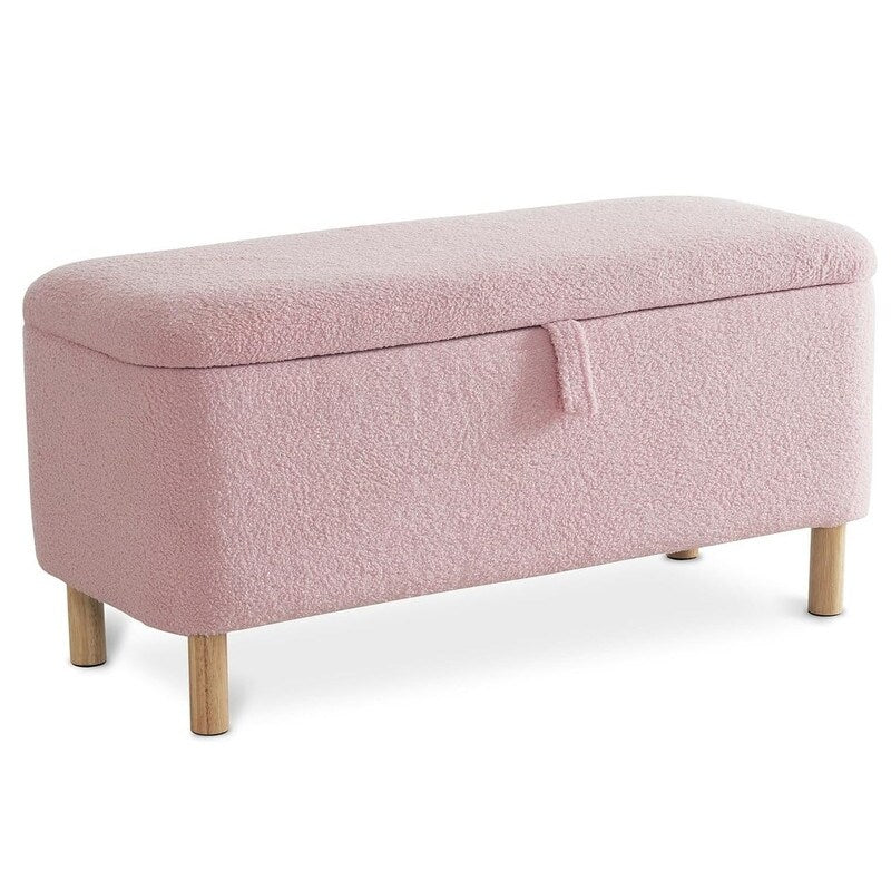 Banc ottoman de rangement en sherpa blanc cassé, repose-pieds, pour salon, chambre à coucher, pieds en bois