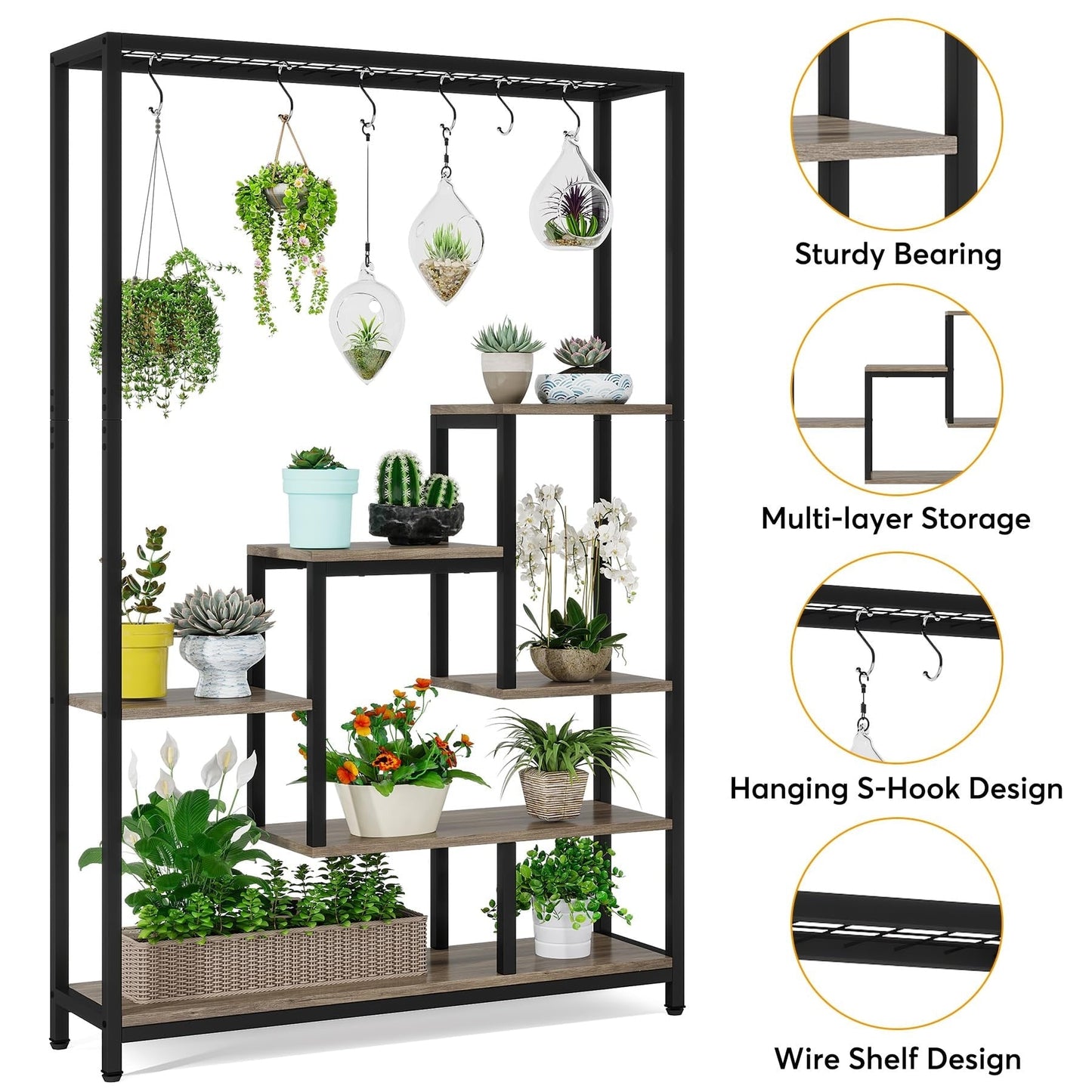 5-Tier Tall Indoor Plant Stand, 70.9 inches Plant Shelf with 10PC Hanging Hooks