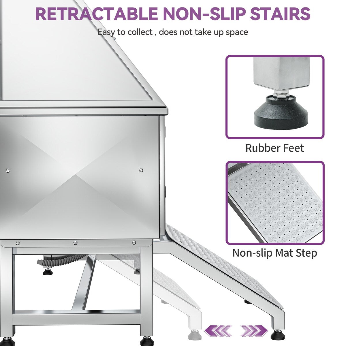 Baignoire de toilettage réglable en acier inoxydable de 50 po de largeur avec rampe - Argent