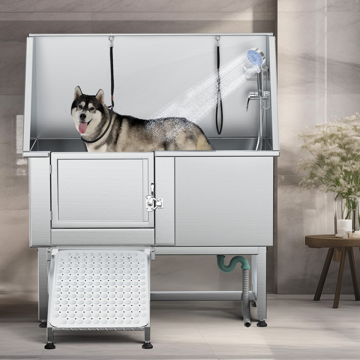 Baignoire de toilettage réglable en acier inoxydable de 50 po de largeur avec rampe et marches