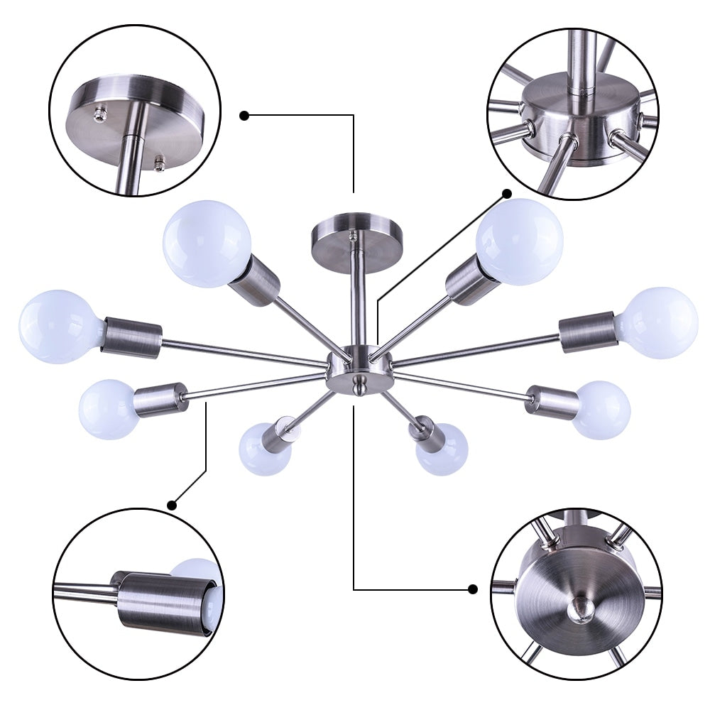 Black/ Gold Sputnik Semi Flush Mount Lamp Close to Ceiling Light Fixture for Living Room/ Kitchen/ Office/ Bedroom/ Foyer