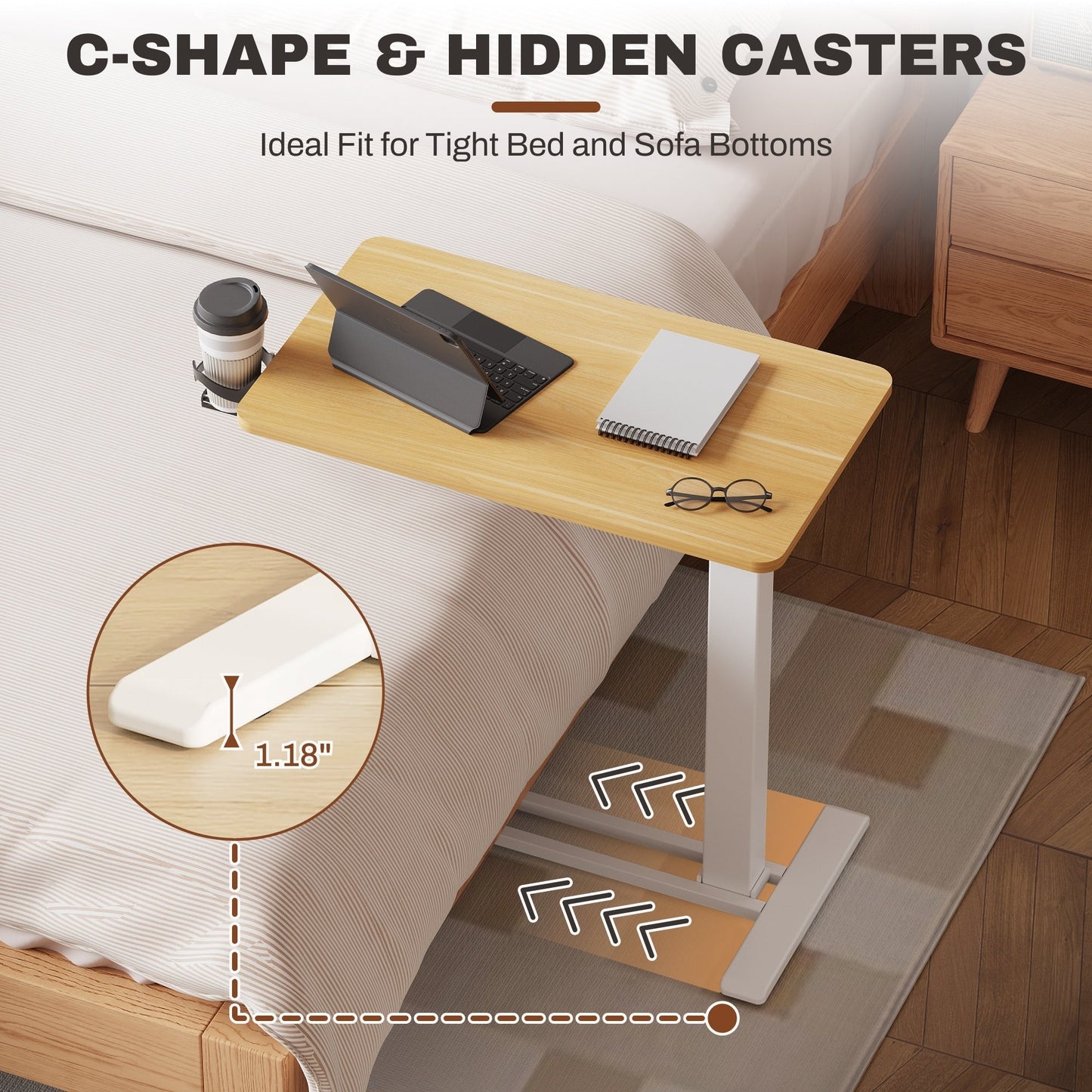 FunniHomi 28/32 Movable Overbed Table Height Adjustable Computer Desk with Wheels, White/Black Laptop Table for Bed and Sofa