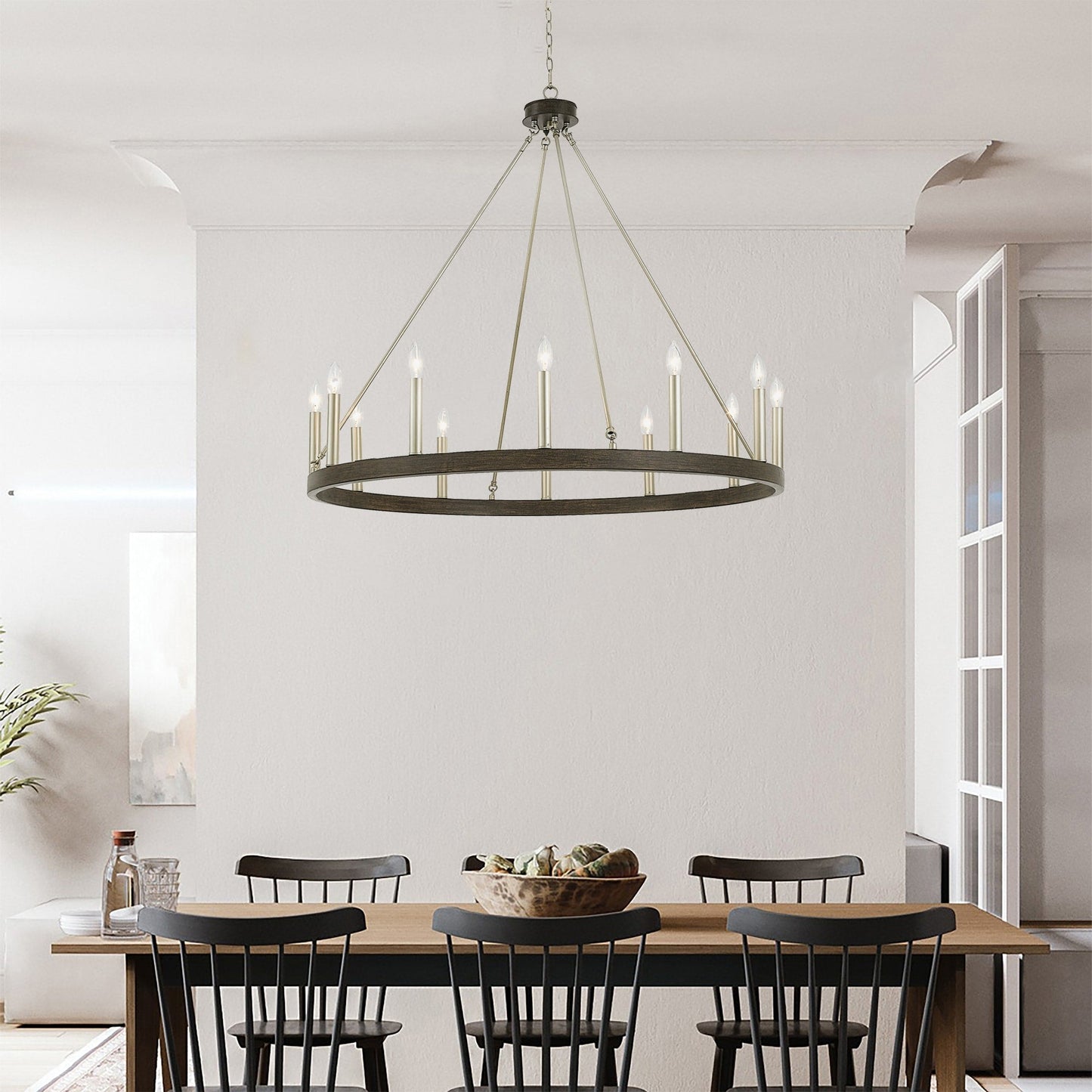 Lustre Acroma Farmhouse à 12 lumières, 40 po, en forme de roue de chariot, certifié UL - 40 po P x 138 po H