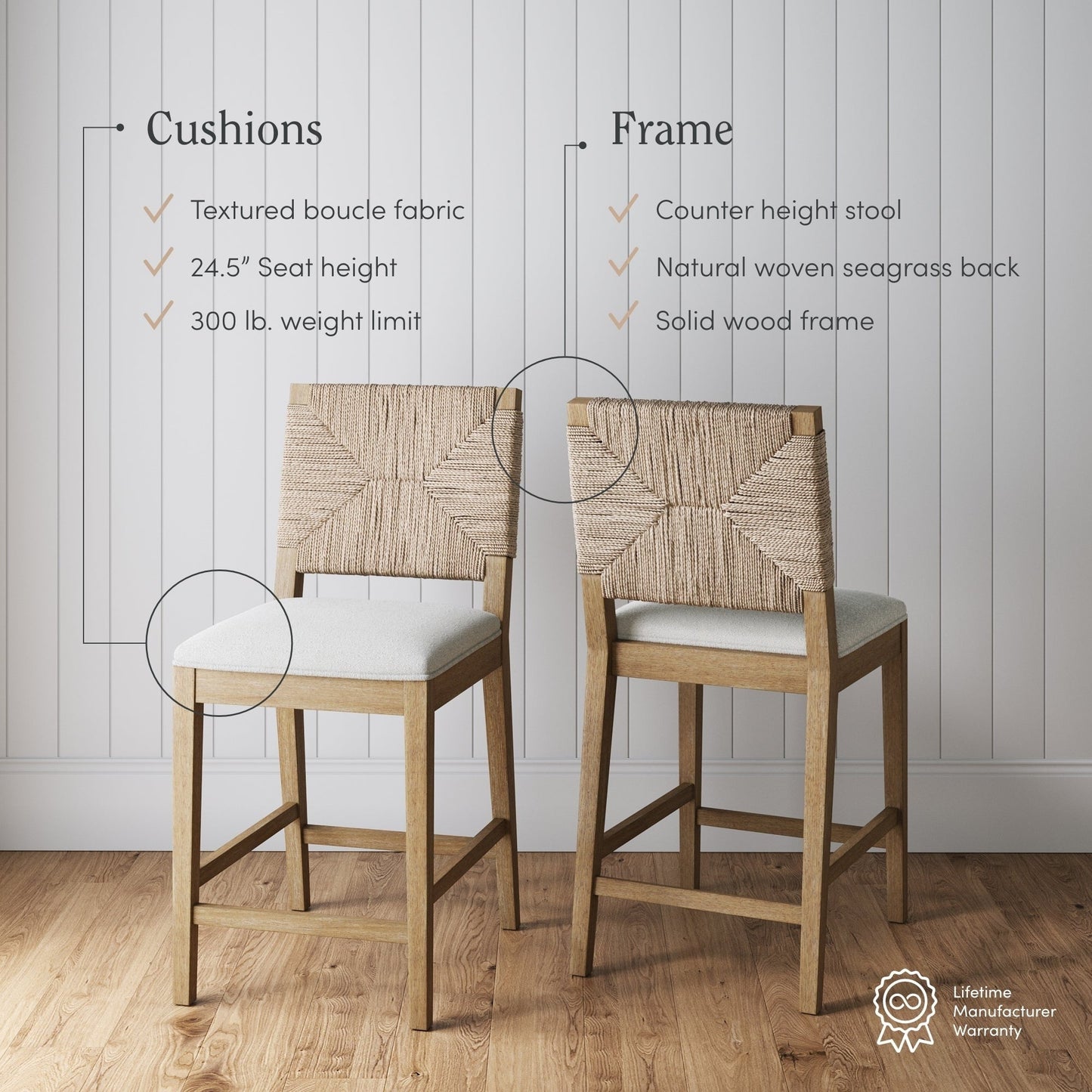 Tabouret de bar Beacon Bohemian Boucle, chaise de comptoir rembourrée avec cadre en bois massif et dossier en jonc de mer tressé