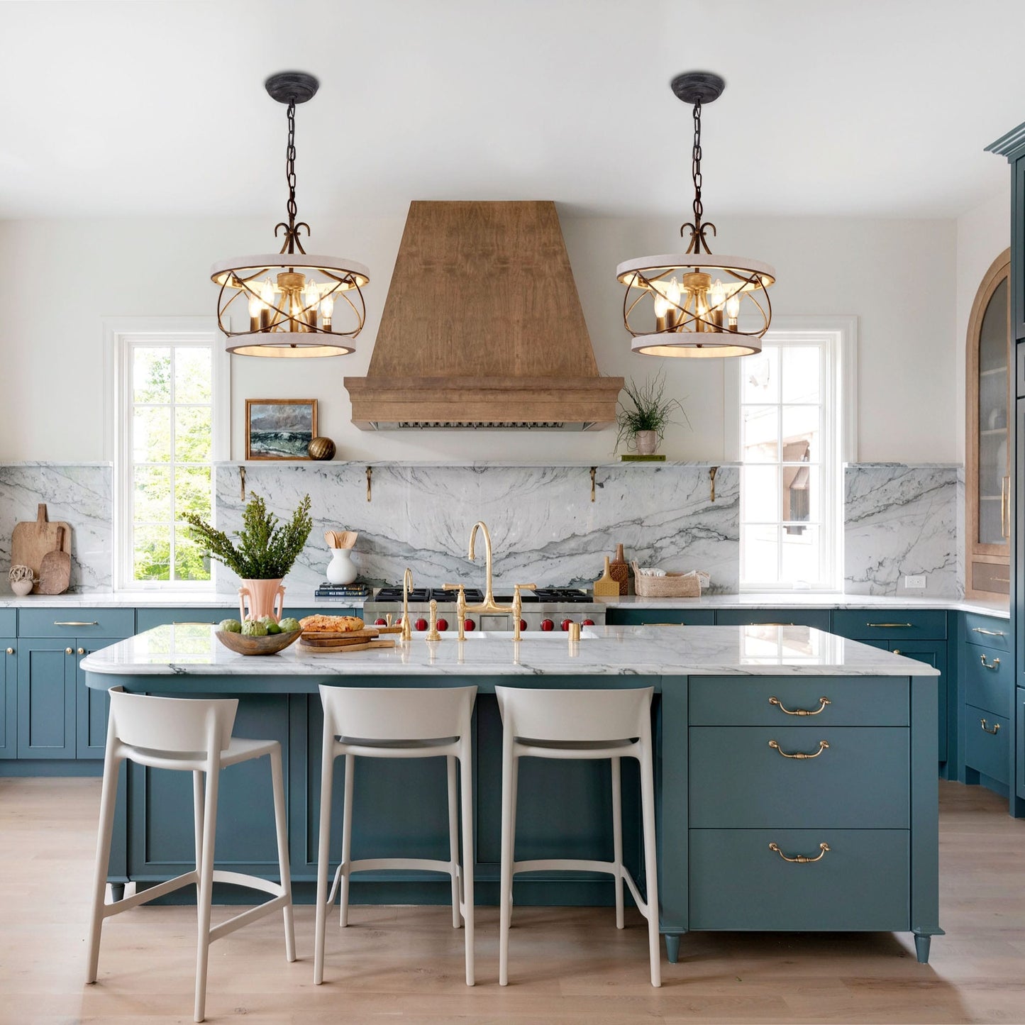 Lustre cage rustique en bois Bella Depot à 5 lumières, éclairage à intensité variable, suspension réglable de 15,7 pouces pour îlot de cuisine