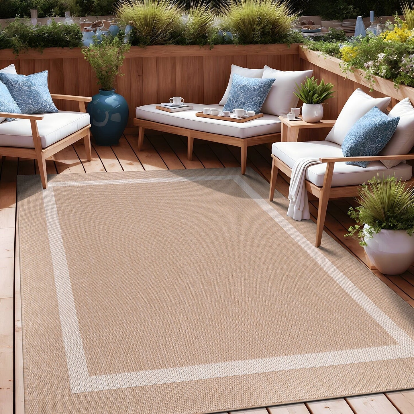 Beverly Rug Modern Bordered Indoor Outdoor Rug, Outside Carpet for Patio, Deck, Porch