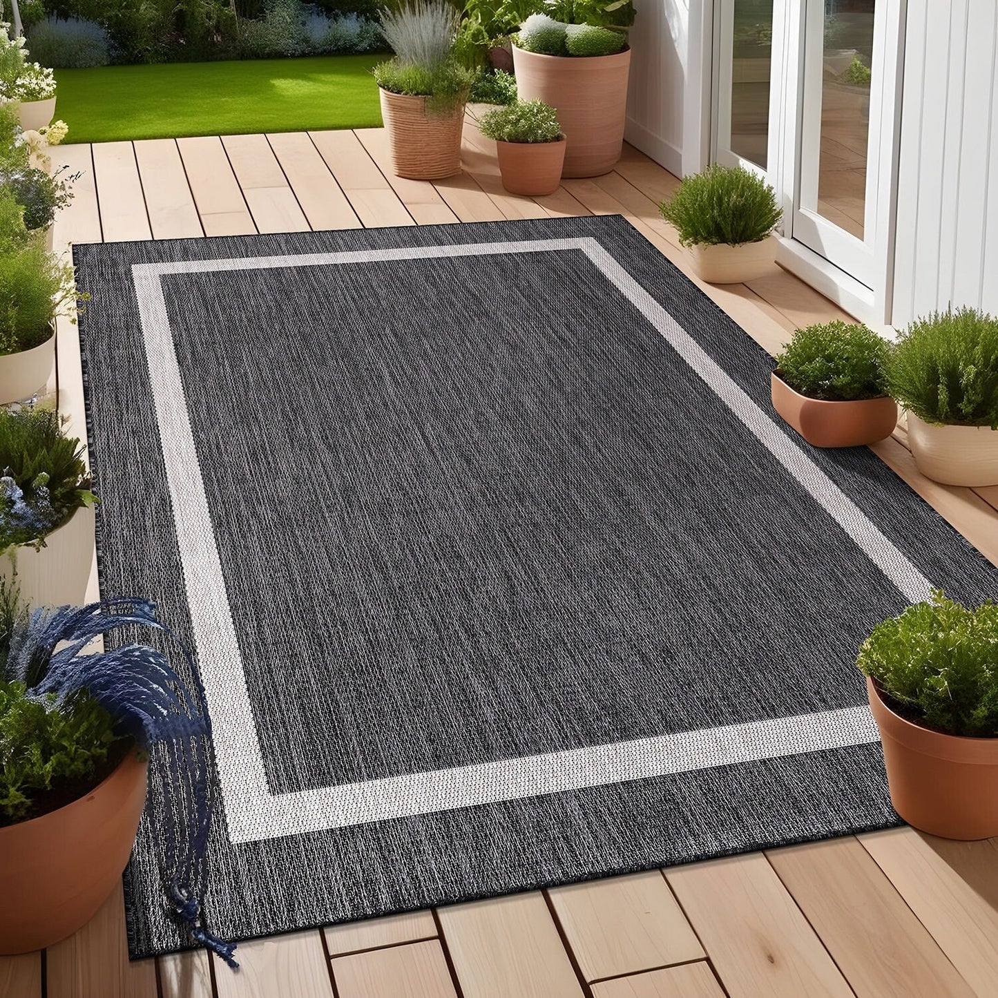 Beverly Rug Modern Bordered Indoor Outdoor Rug, Outside Carpet for Patio, Deck, Porch