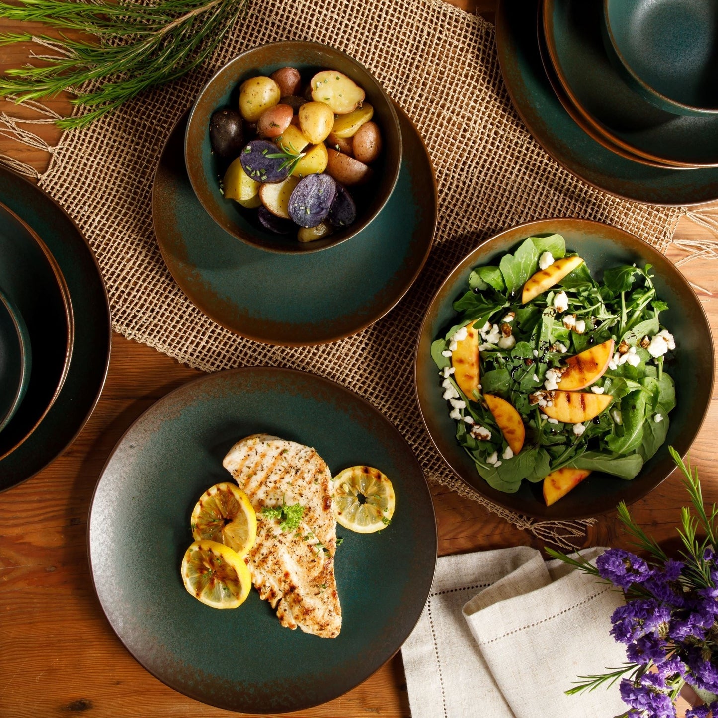 Bloomhouse Palermo Sun Service de table 16 pièces en grès émaillé réactif avec assiettes et bols à double bol