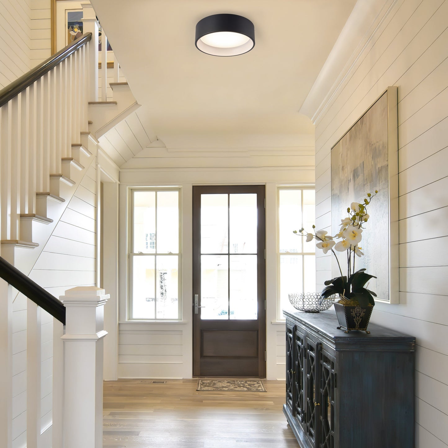 C Cattleya Black and Woodgrain 3CCT Integrated LED Flush Mount Ceiling Light