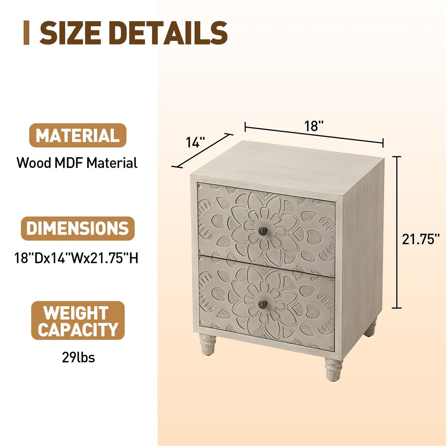 COSIEST Vintage Brown Pattern Solid Wood Nightstand with Drawers