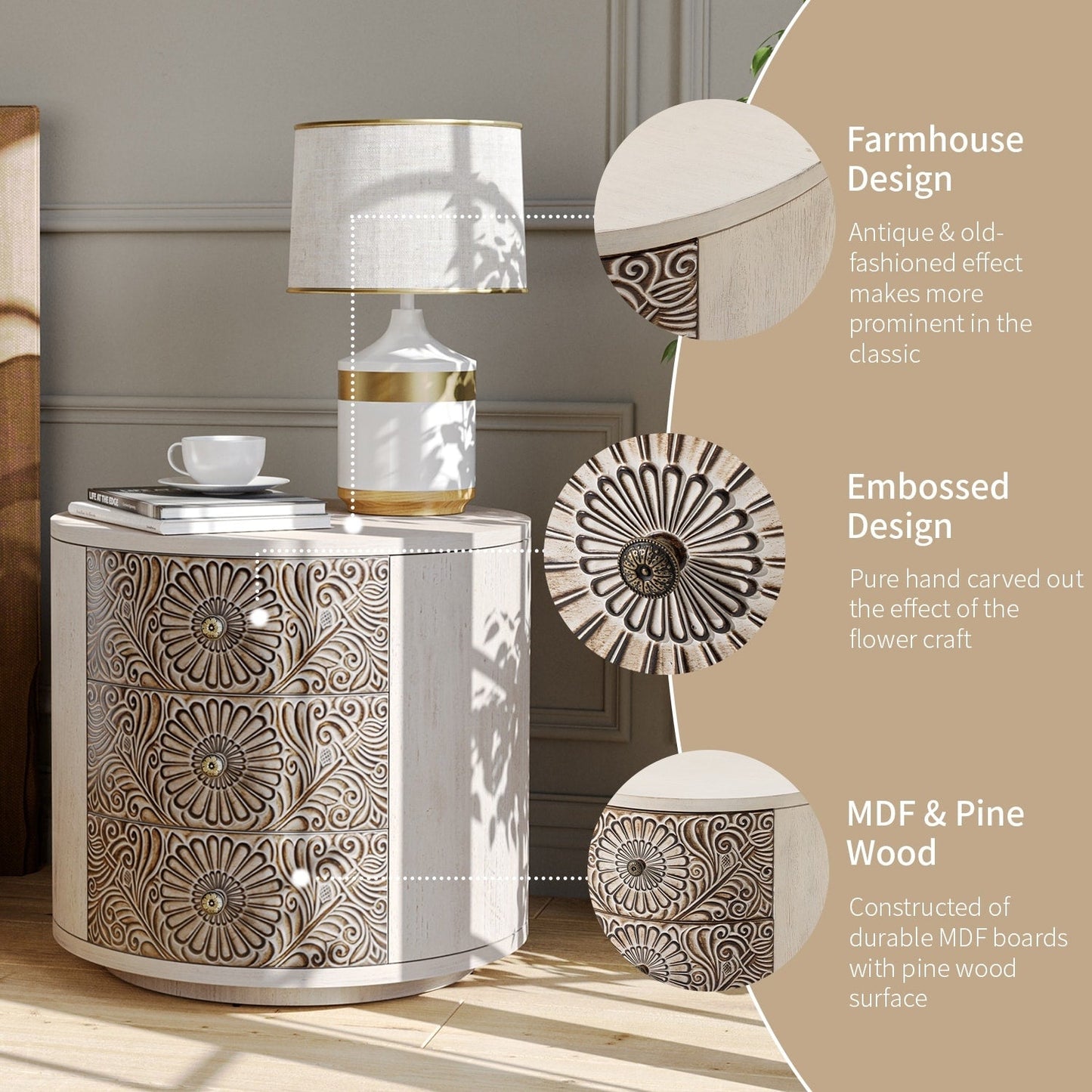 COSIEST Vintage Brown Pattern Solid Wood Nightstand with Drawers