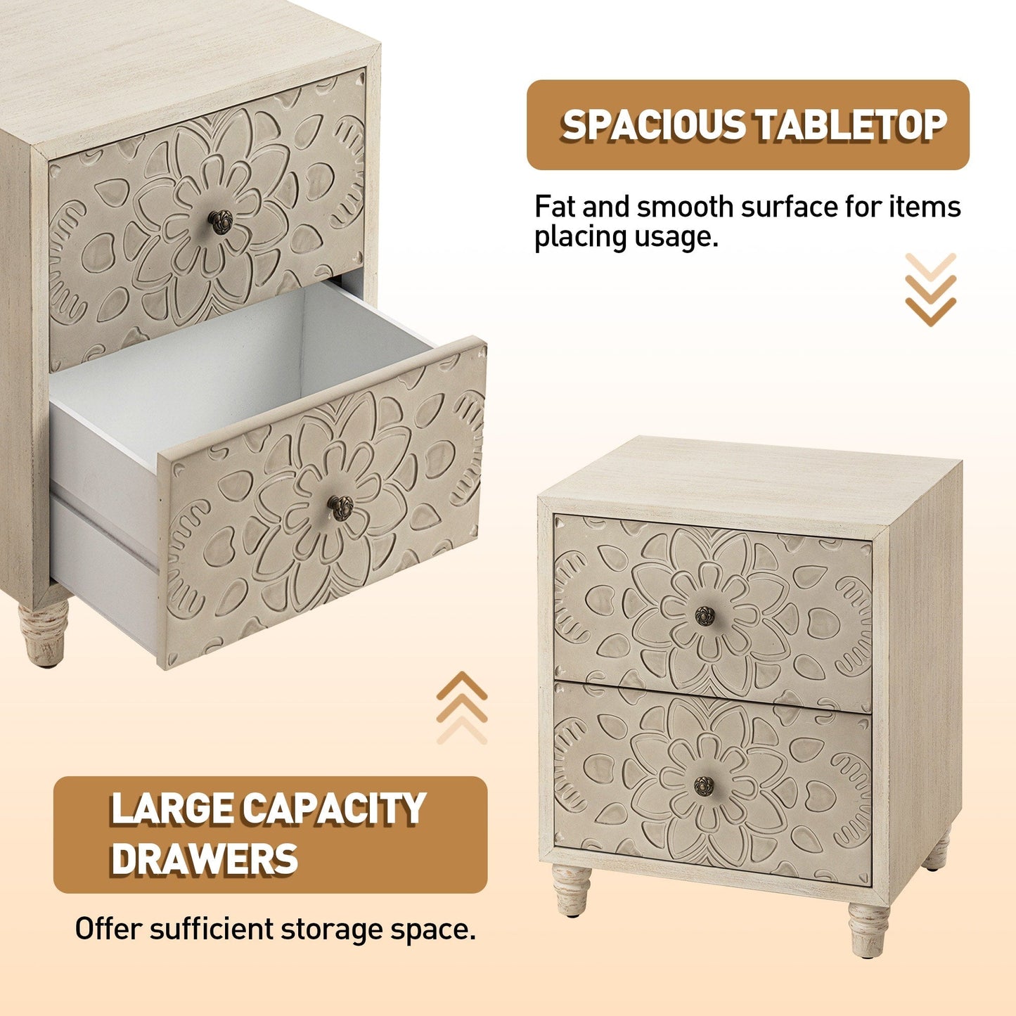 COSIEST Vintage Brown Pattern Solid Wood Nightstand with Drawers