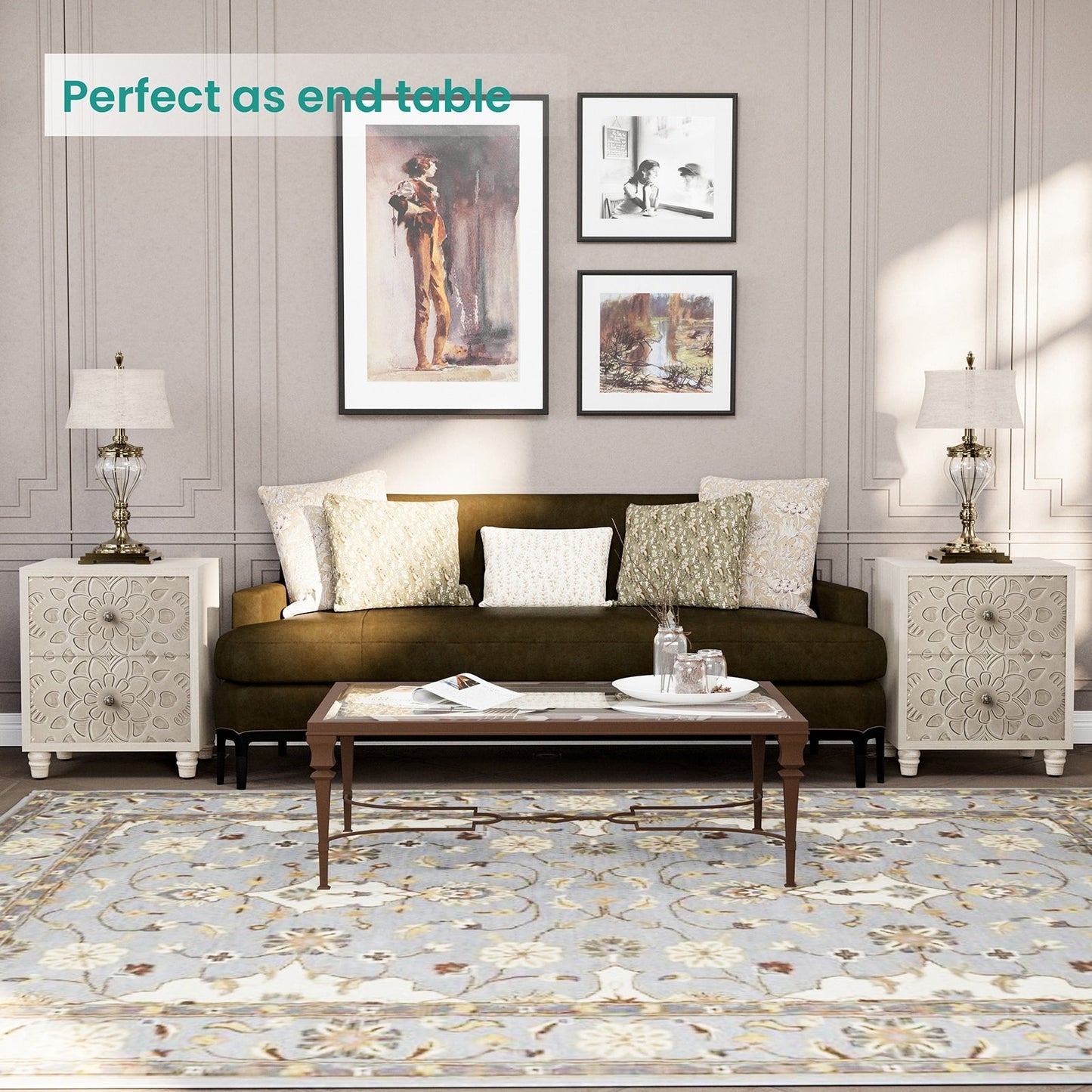 COSIEST Vintage Brown Pattern Solid Wood Nightstand with Drawers