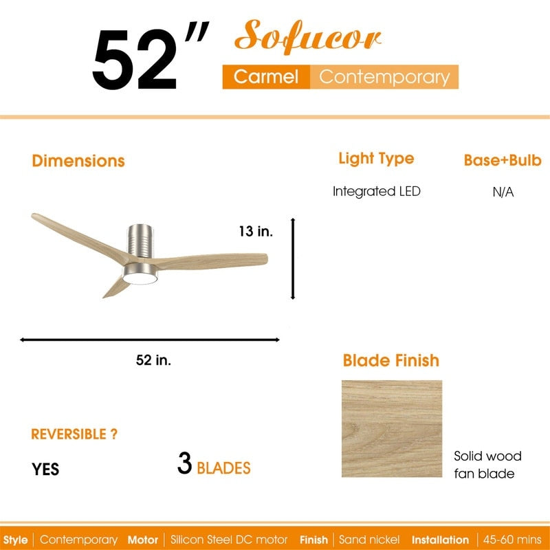 Ventilateur de plafond encastré de style campagnard de 52 pouces avec éclairage et télécommande, moteur CC réversible