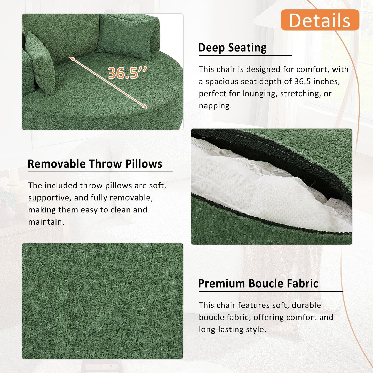 Fauteuil d'appoint en chenille, fauteuil rond avec base pivotante à 360 degrés et 3 coussins amovibles