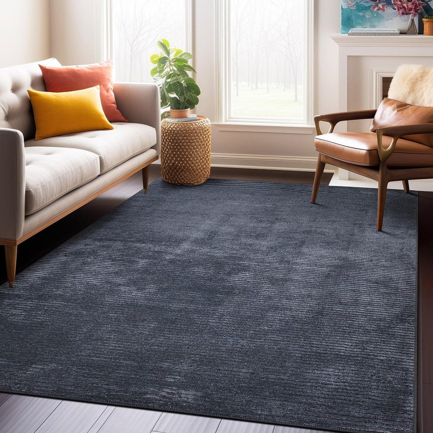 Contemporary Distressed Stripe Machine Washable Area Rug