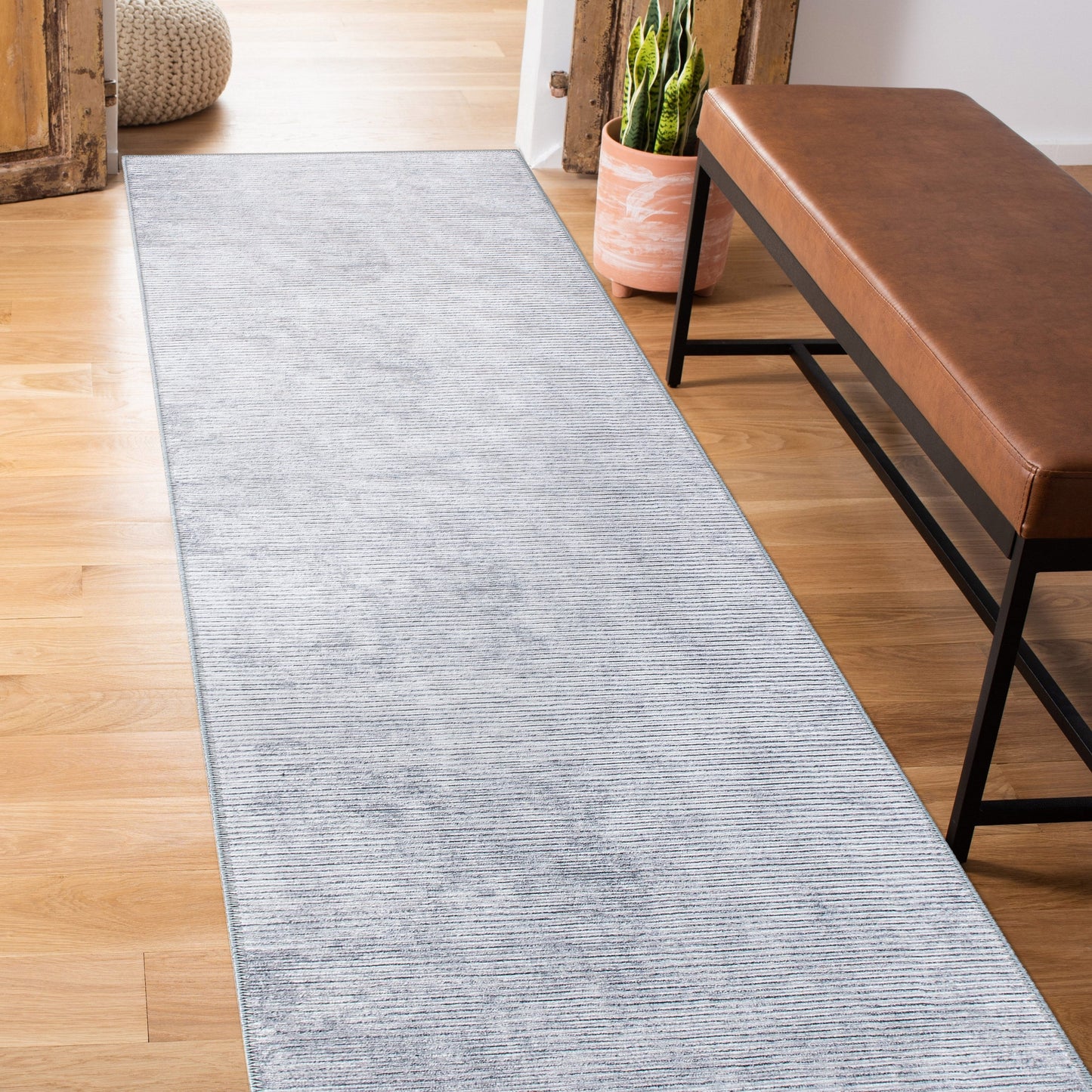 Contemporary Distressed Stripe Machine Washable Area Rug