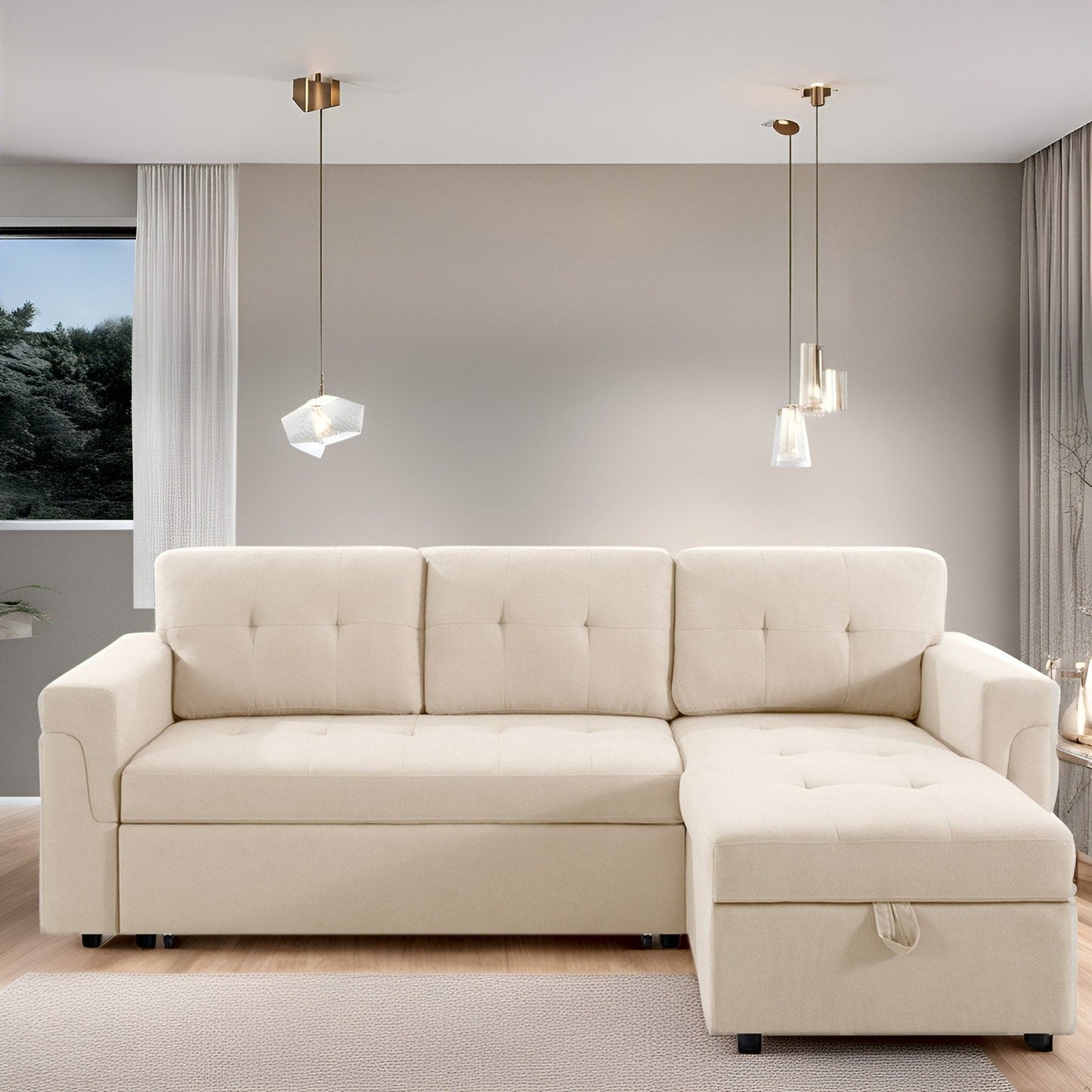 Canapé sectionnel convertible réversible avec lit gigogne, méridienne avec rangement dissimulé et pieds robustes