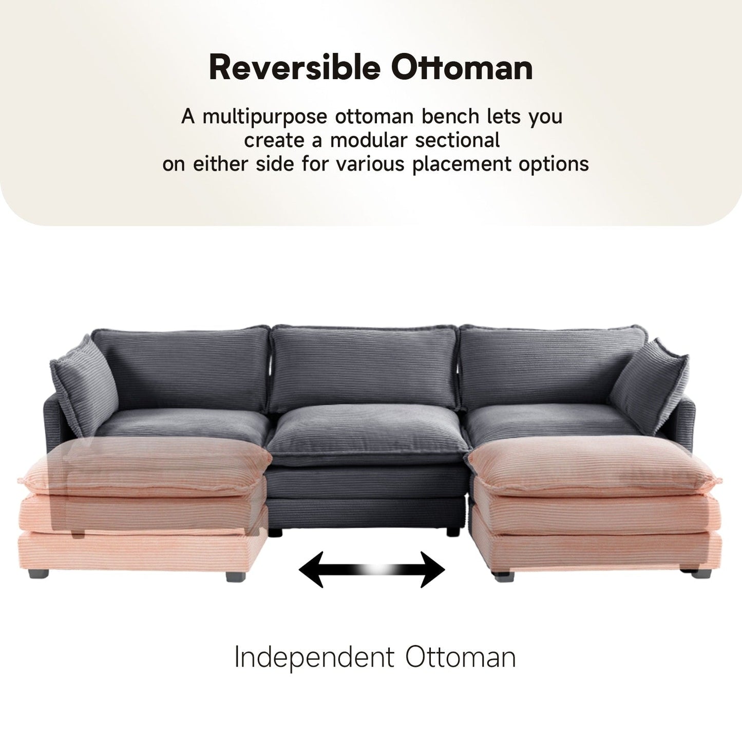 Canapé sectionnel en velours côtelé avec poufs amovibles et coussins ultra-doux pour salon et chambre