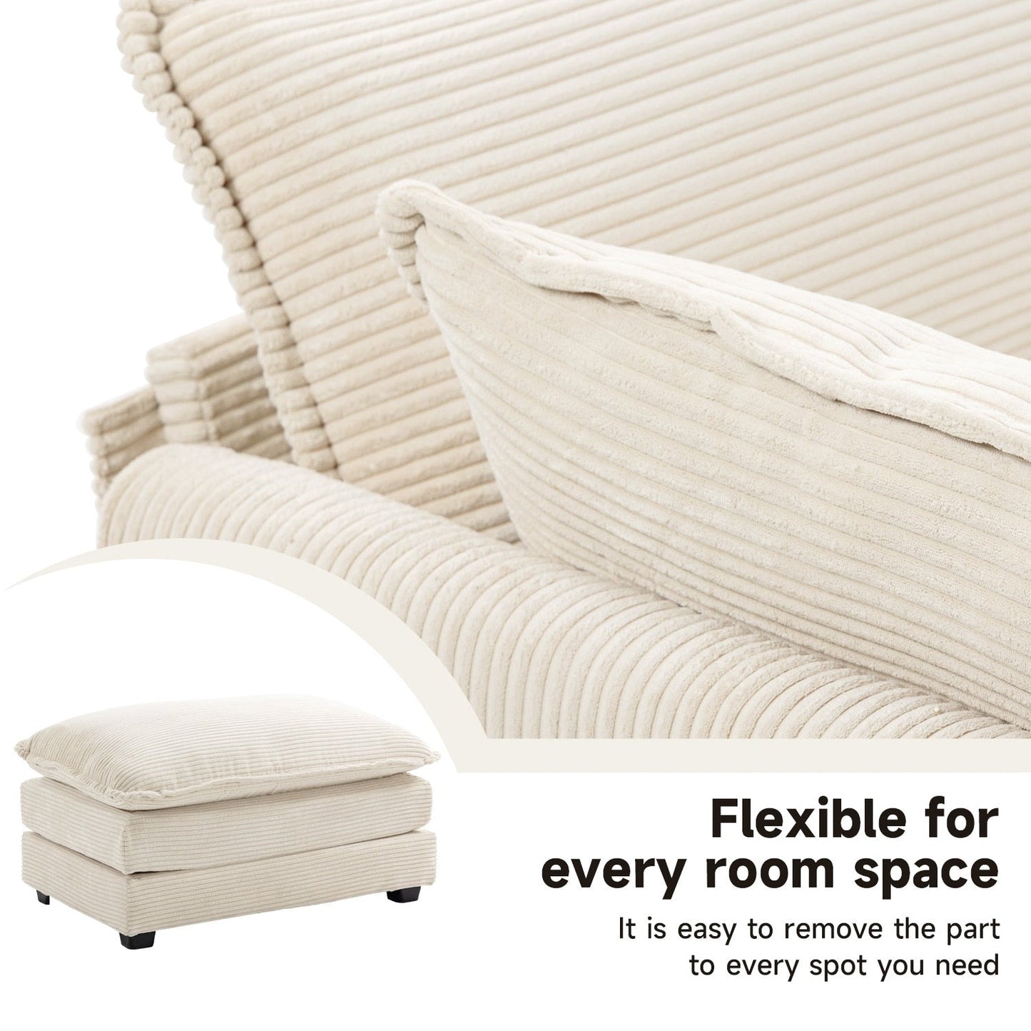 Canapé sectionnel en velours côtelé avec poufs amovibles et coussins ultra-doux pour salon et chambre