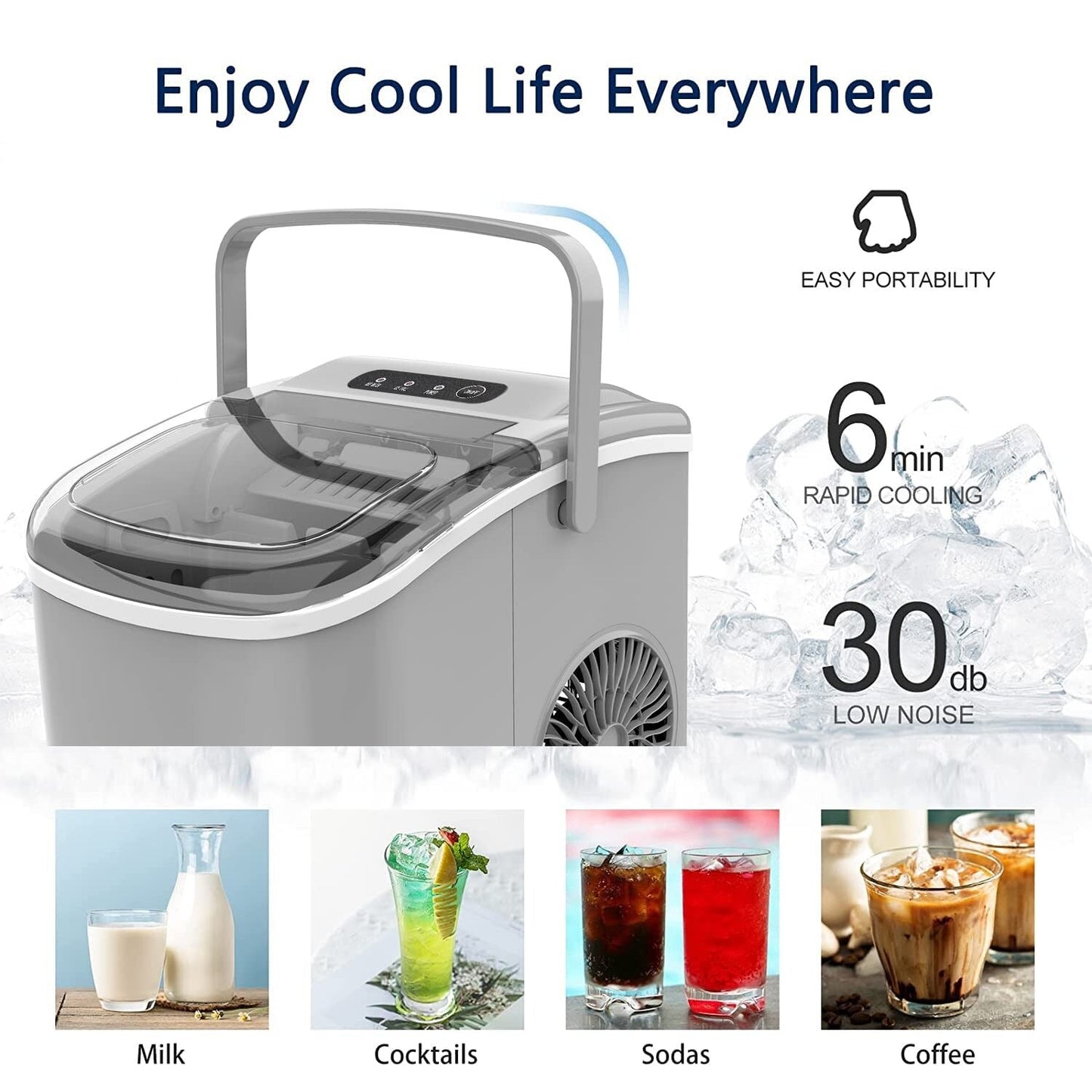 Countertop Portable Ice Maker with Self-cleaning ,9 Bullet Ice Cubes in 6 Mins, Comes with Ice Basket and Ice Scoop