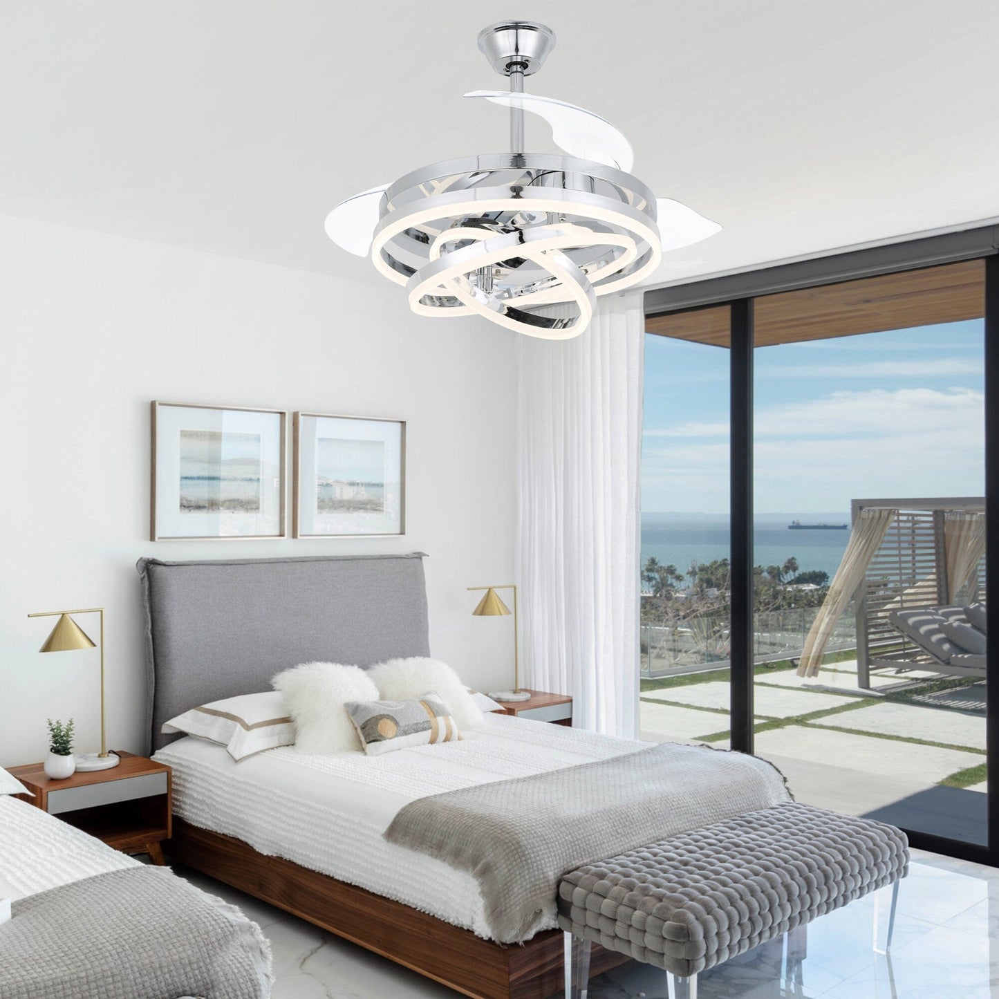 Ventilateur de plafond rétractable Cusp Barn 42 avec lumières et télécommande DIY Forme Fandelier Moderne Silencieux Moteur CC Plafonnier LED