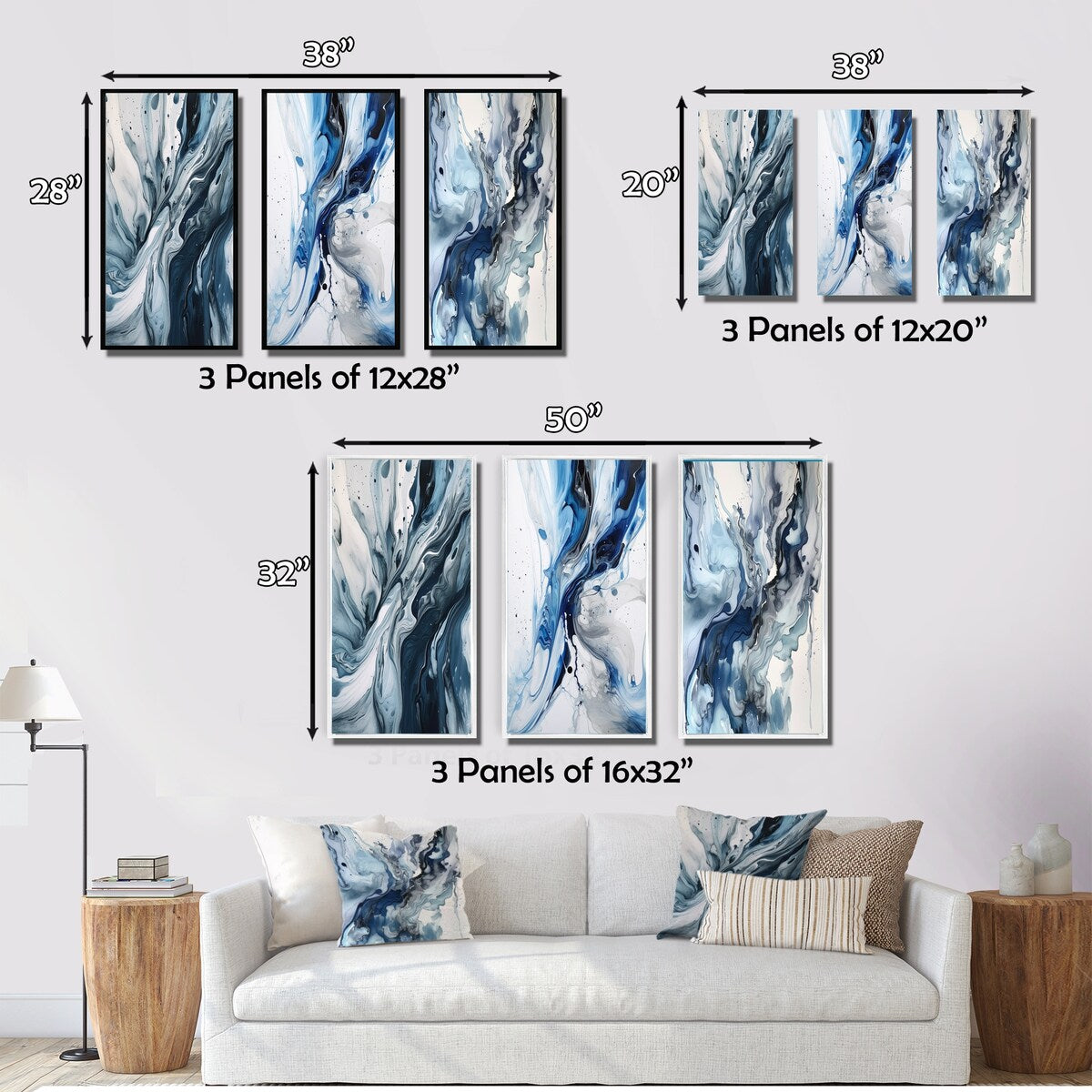 Designart Blue And Grey Ethereal Elixir III Abstract Framed Wall Art Set Of 3 Frame Canvas Set For Living Room Decor