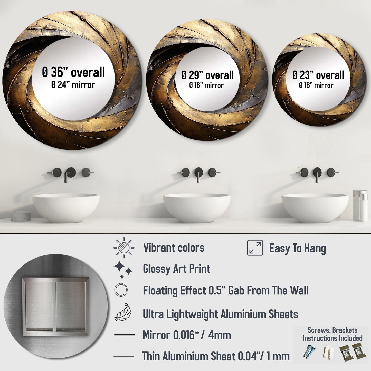 Designart Gold Black Timeless Turn abstract spirals Living Room Mirror - Gold Modern Large Round Mirror