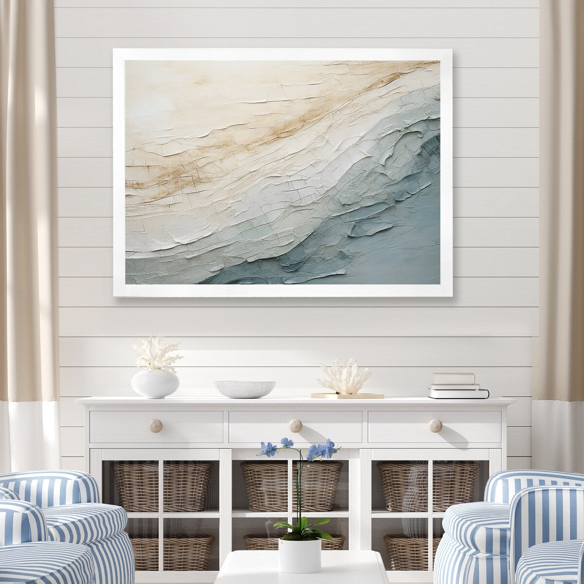 Designart Minimalism Beige And Grey Wave Horizon I Coastal Minimalism Framed Wall Decor
