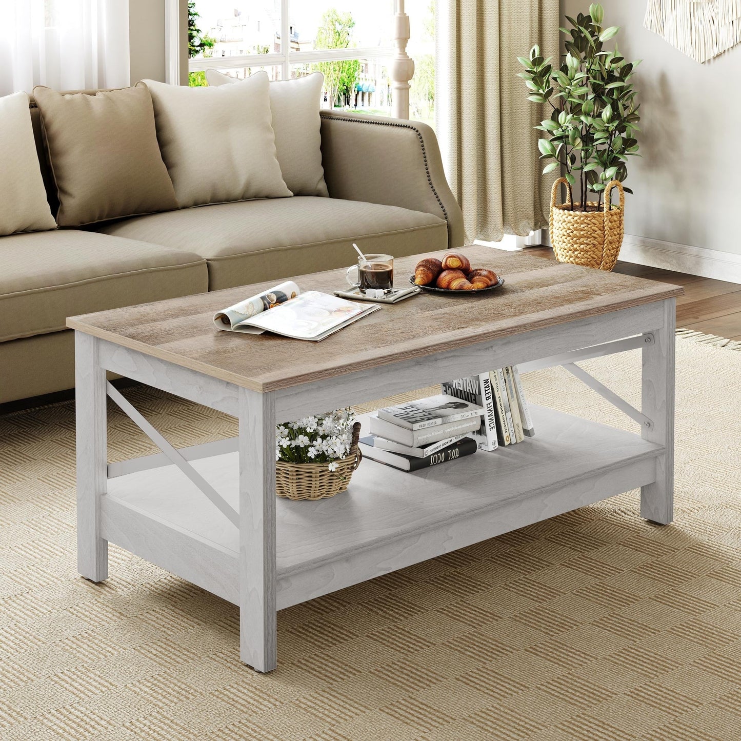 Farmhouse Coffee Table with Storage 2-Tier Center Table for Living Room