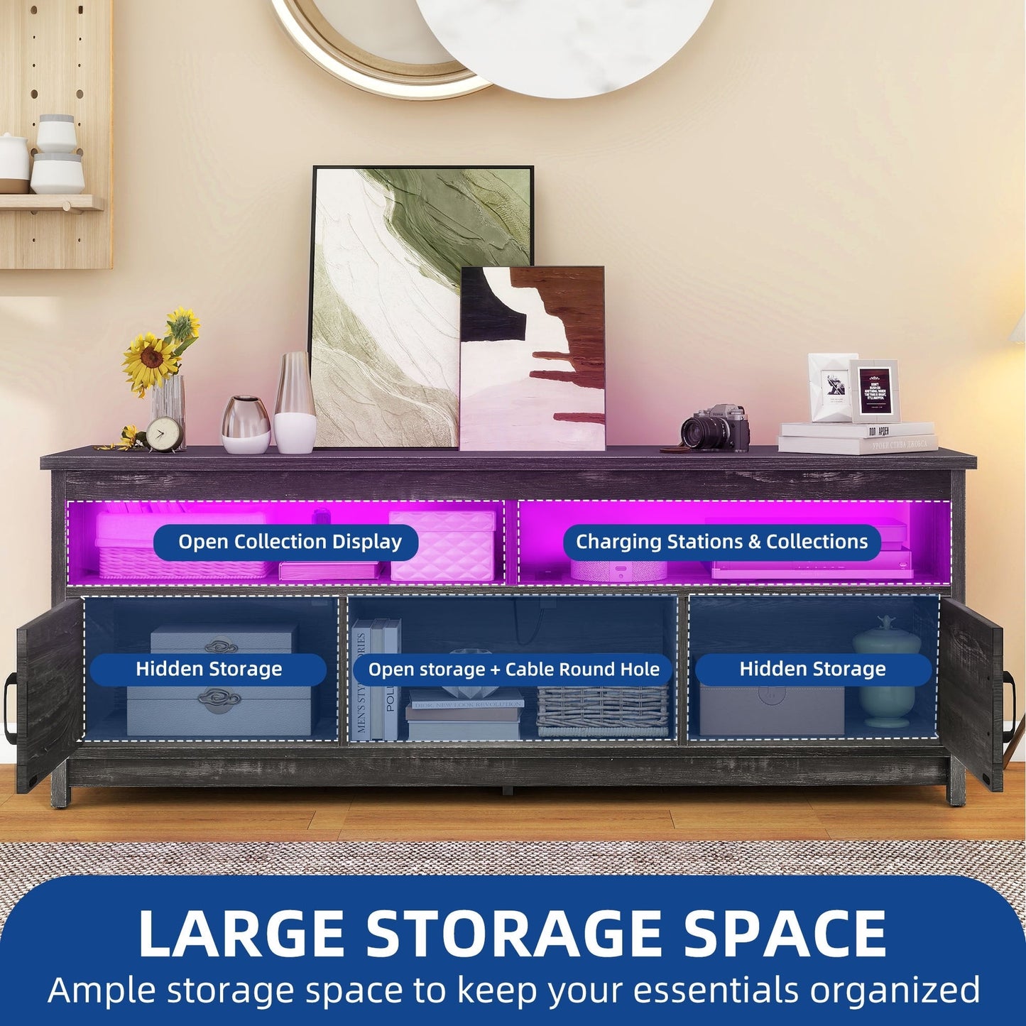 Meuble TV Farmhouse pouvant accueillir jusqu'à 65 téléviseurs avec portes et étagères ouvertes Console multimédia Prise de courant