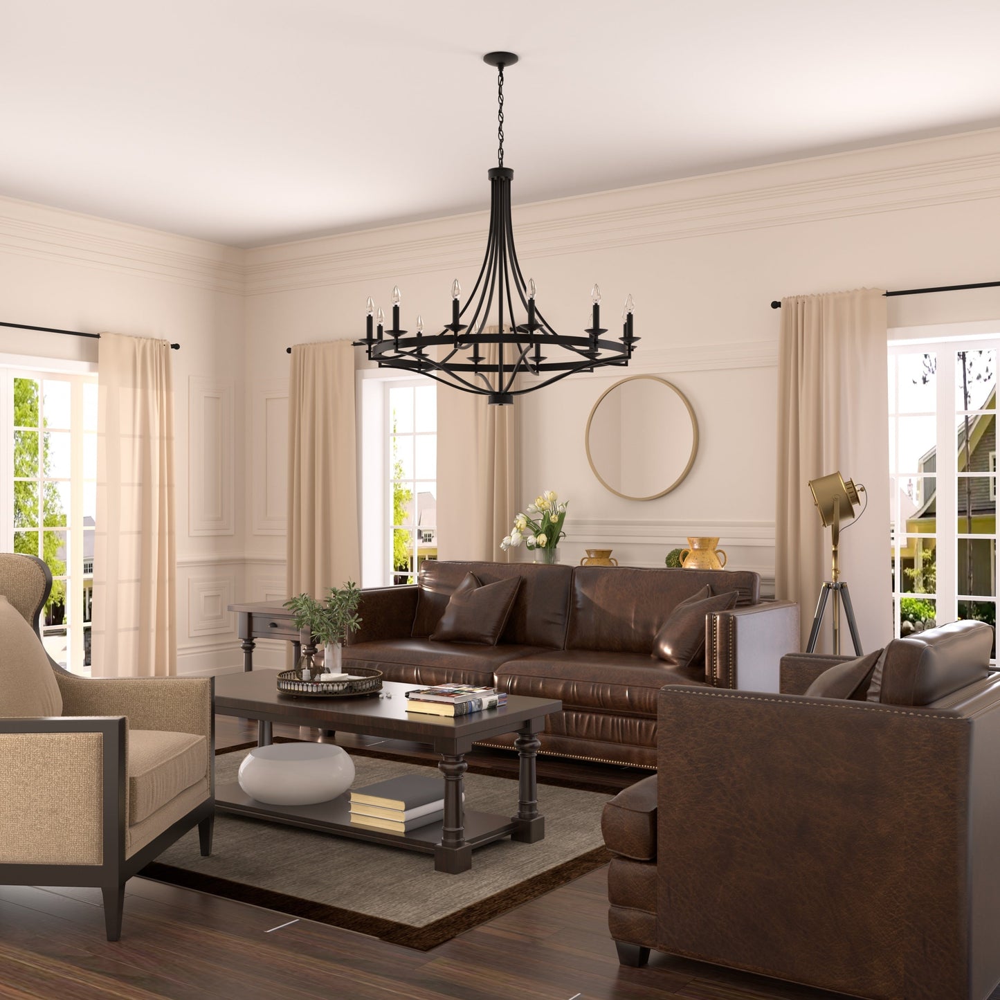 Lustre Empire à 12 lumières de style ferme moderne Fidenza avec roue de chariot et UL - D40'' * H135''