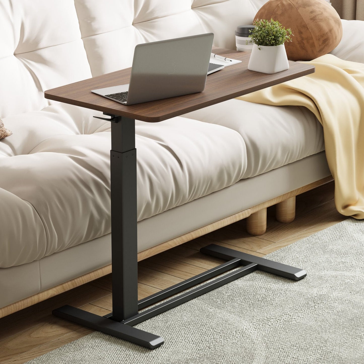 FunniHomi 28/32 Movable Overbed Table Height Adjustable Computer Desk with Wheels, White/Black Laptop Table for Bed and Sofa