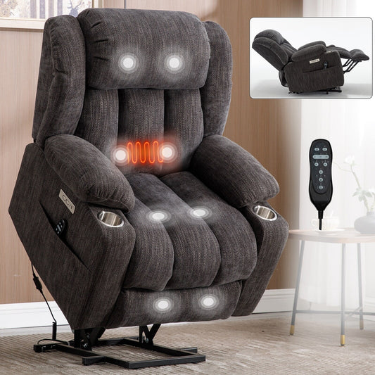 Fauteuil inclinable électrique en chenille grise avec massage, chauffage lombaire, ports USB et Type-C et porte-gobelets en acier inoxydable