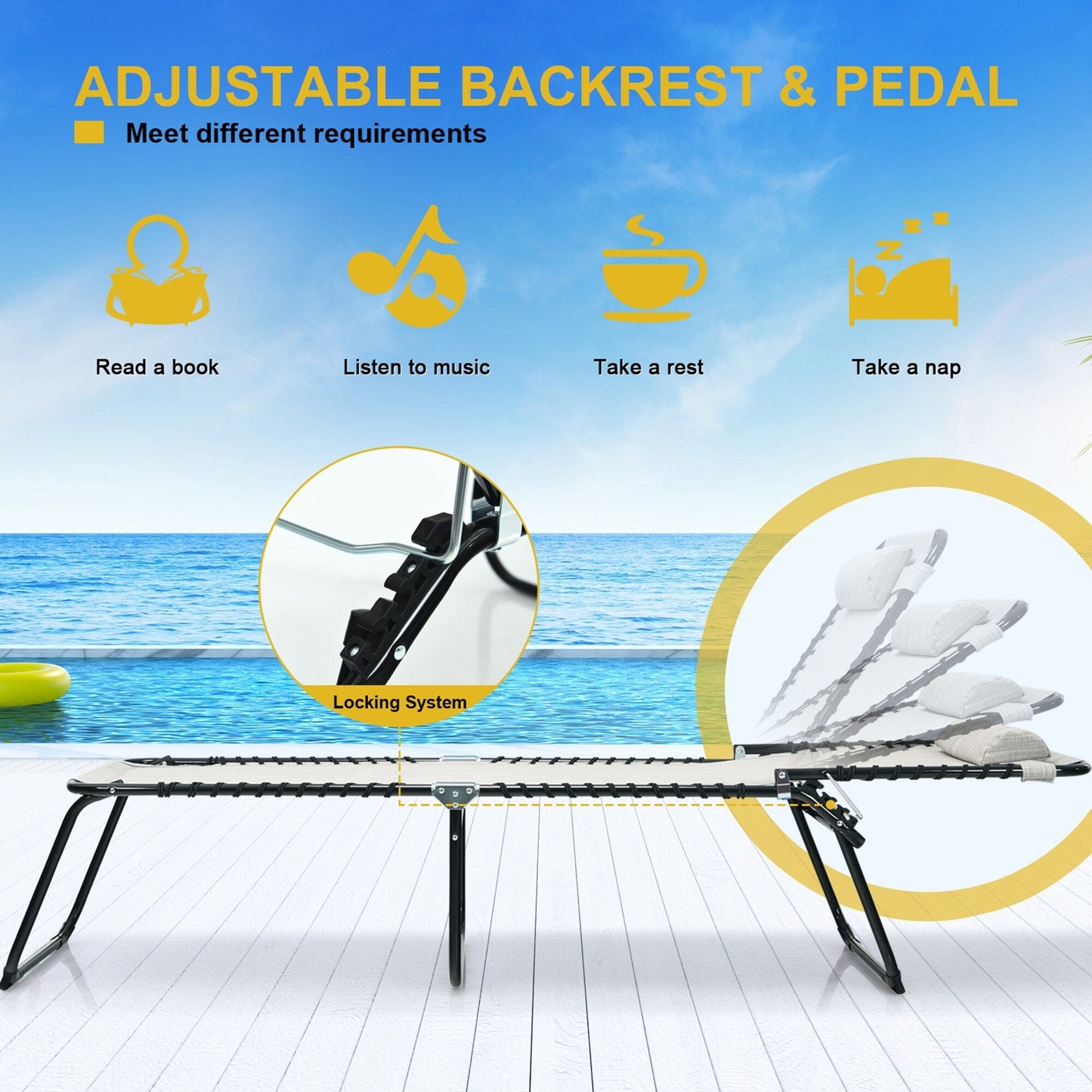 Chaise longue de plage pliante Gymax avec oreiller, 4 niveaux