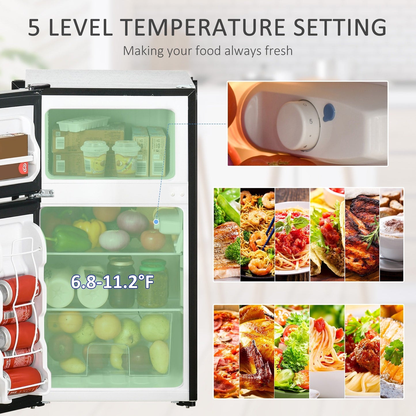 Mini-réfrigérateur HOMCOM à deux portes avec congélateur, réfrigérateur compact de 3,2 pi³ avec étagère réglable, thermostat réglable