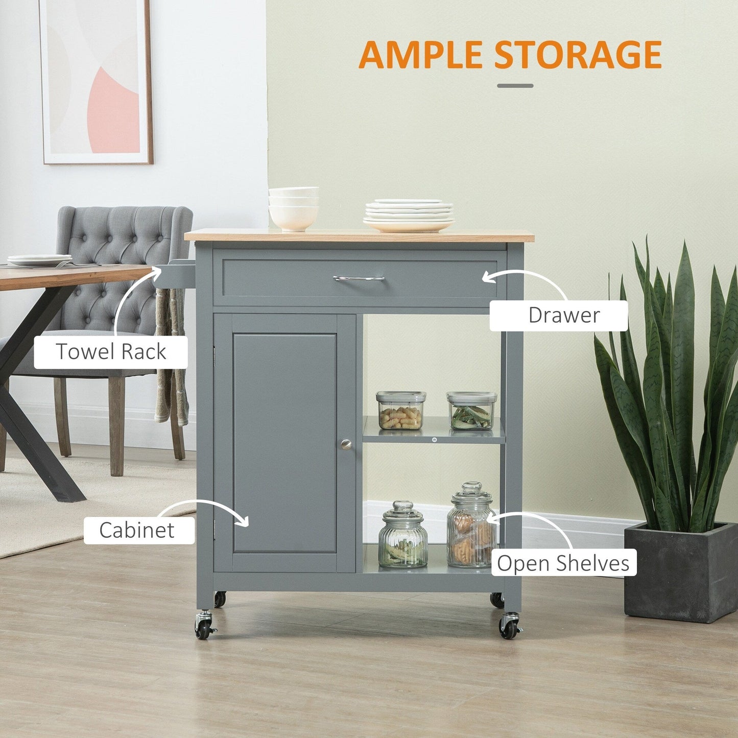 Desserte de cuisine HOMCOM, plateau en bois, sur roulettes, avec étagère ouverte et tiroir de rangement, pour salle à manger et cuisine